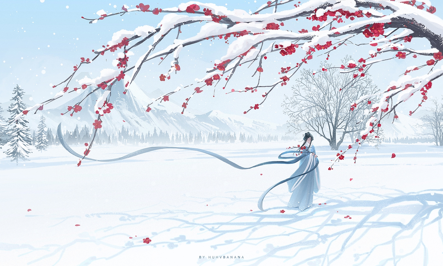 black_hair, chinese_clothes, huhv., landscape, long_hair, original, ribbons, scenic