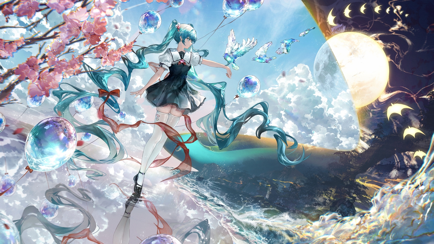 animal, aqua_eyes, aqua_hair, beach, bird, bow, cherry_blossoms, clouds