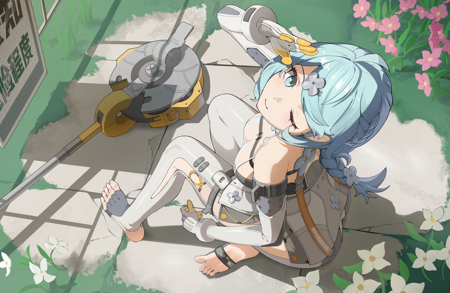 aqua_eyes, aqua_hair, barefoot, bodysuit, braids, flowers, garter, kagemoe1003, leaves, long_hair, ponytail, seed_(zenless_zone_zero), weapon, wink, zenless_zone_zero