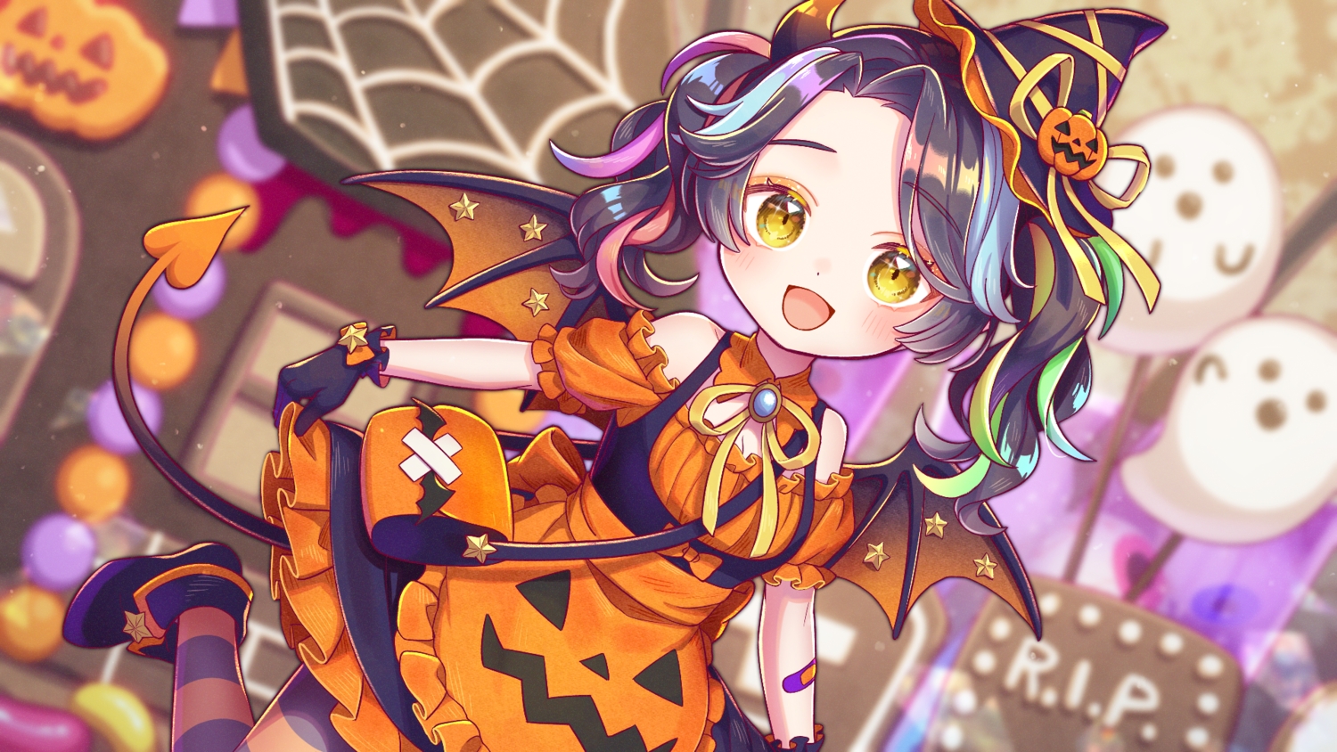 aliasing, apron, bandaid, black_hair, blush, bow, candy, dress, food, halloween, hat, horns, loli, lolita_fashion, ribbons, shiki_riina, shuu_(syuuuuuuuuuu), skirt_lift, tail, thighhighs, twintails, wings, witch_hat, yellow_eyes