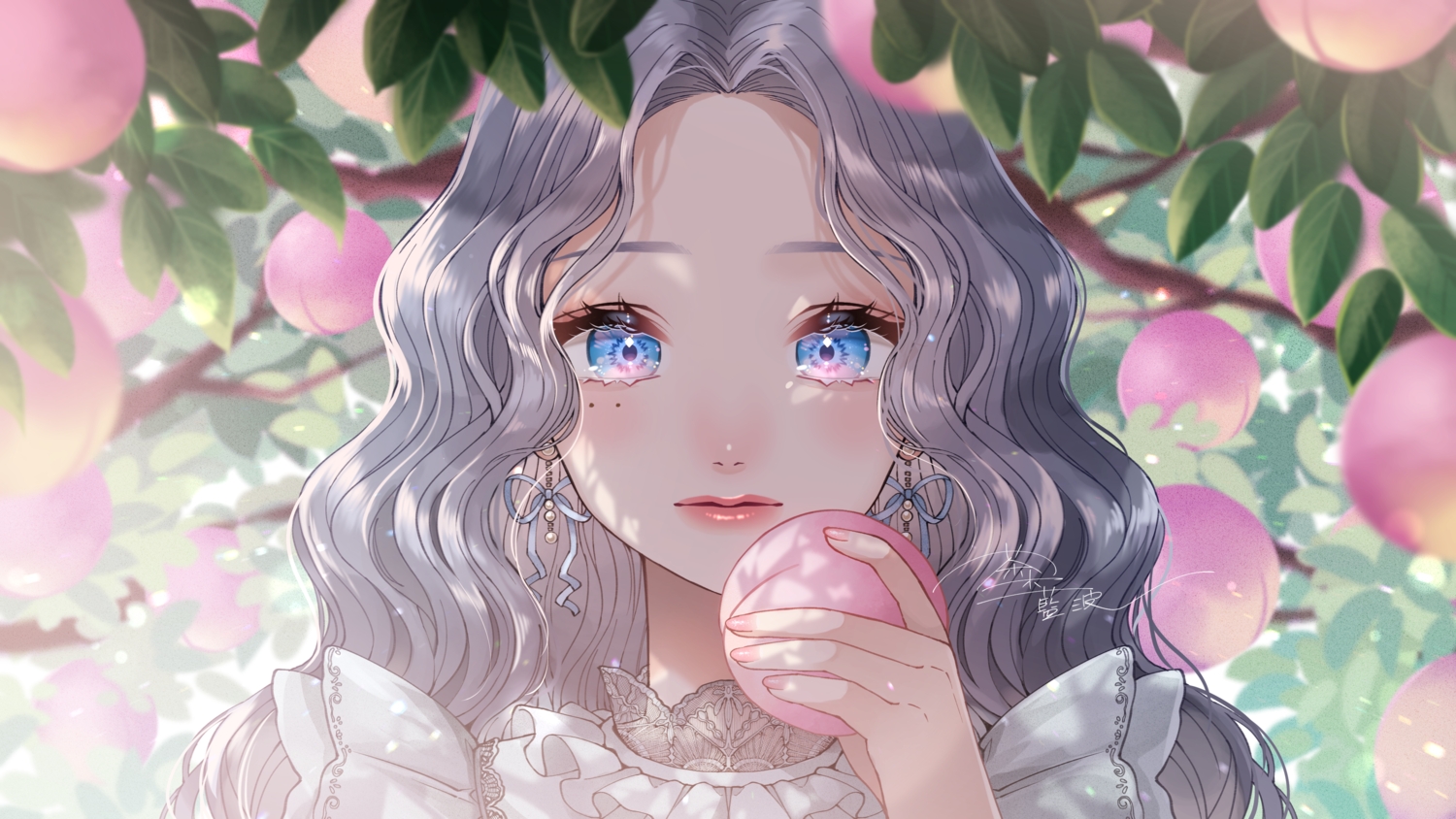 blue_eyes, bow, chaki_aiha, close, food, fruit, gray_hair, leaves, long_hair, original, signed, tree