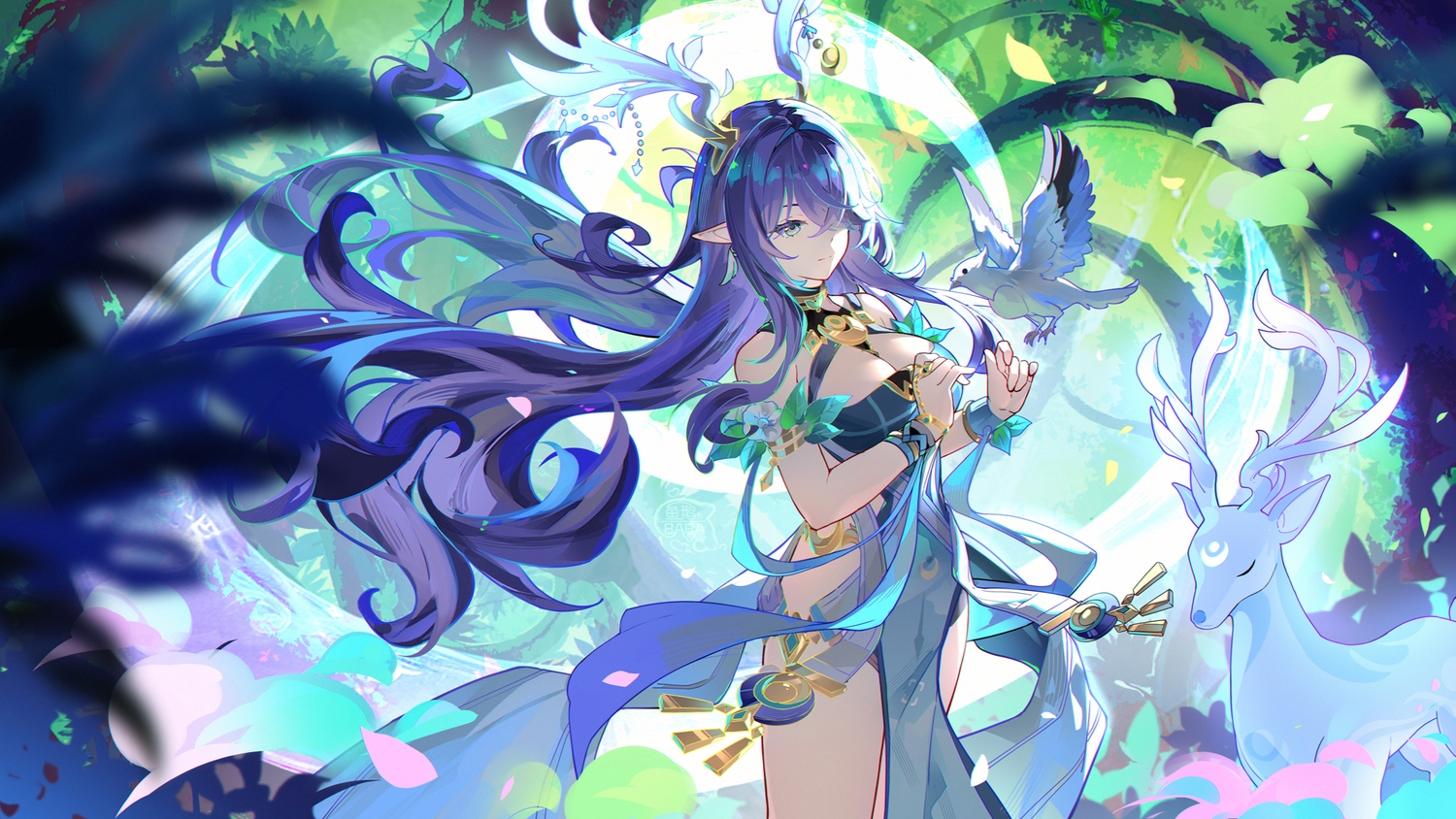 animal, bird, breasts, cleavage, dress, genshin_impact, green_eyes, horns