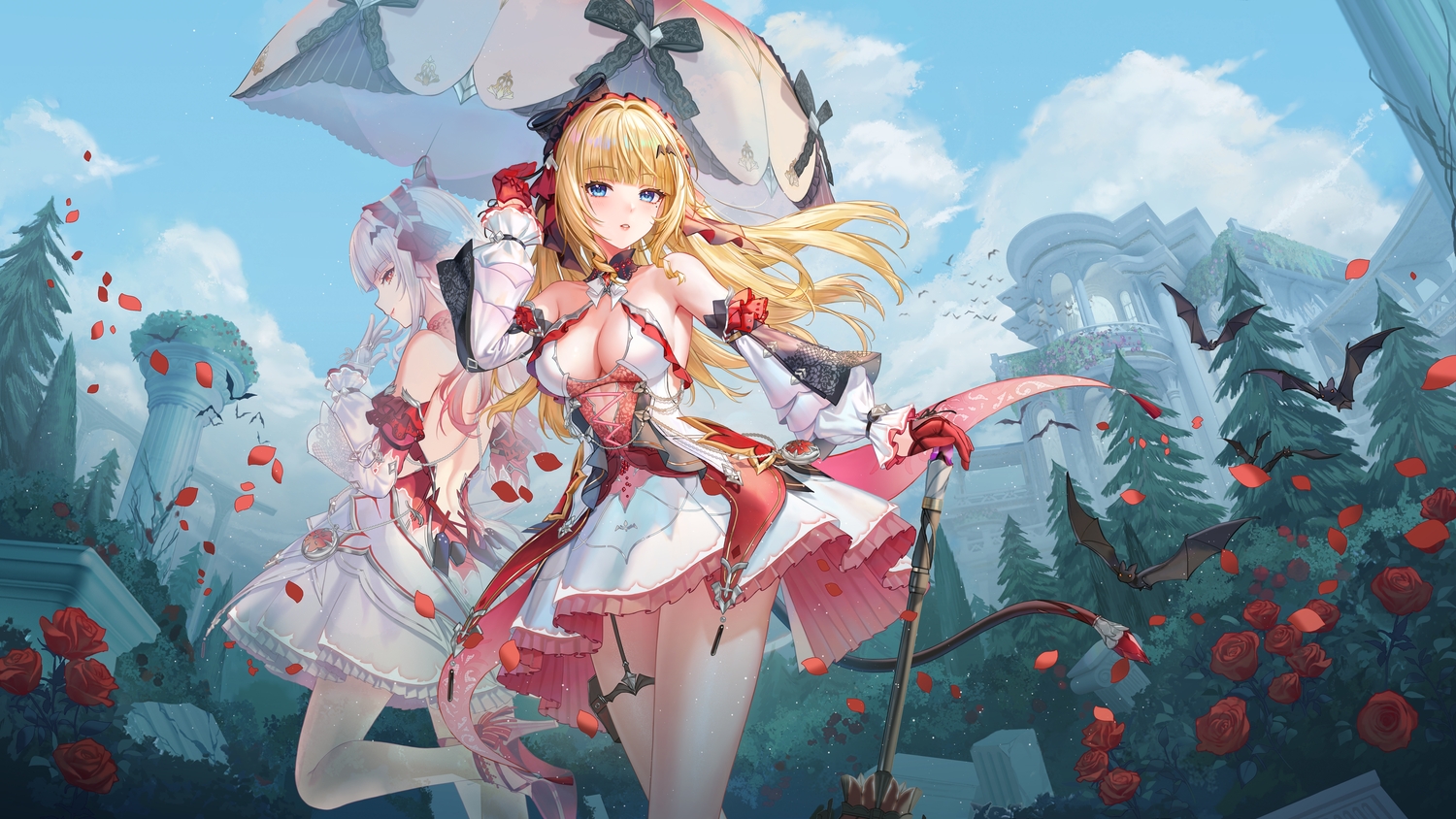 2girls, animal, bat, blonde_hair, blue_eyes, bow, breasts, building, clarina_(snowbreak), cleavage, clouds, dress, fang, flowers, garter, gloves, gray_hair, headdress, long_hair, petals, red_eyes, rose, sky, snowbreak:_containment_zone, tagme_(artist), umbrella, vampire