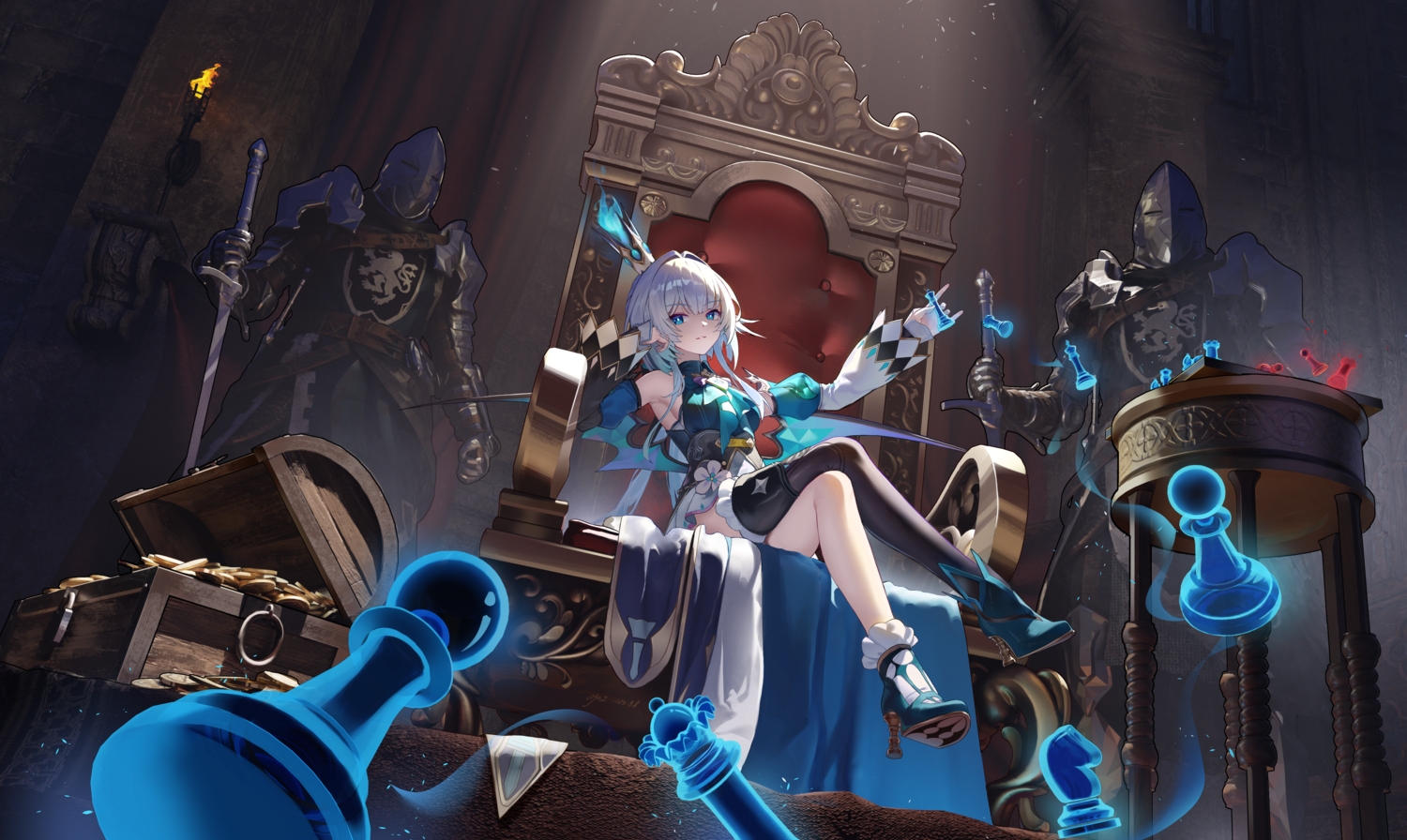 ajaz_(artist), aqua_eyes, armor, cerydra_(honkai:_star_rail), corset, crown, dress, gray_hair, honkai_(series), honkai:_star_rail, long_hair, sword, thighhighs, weapon