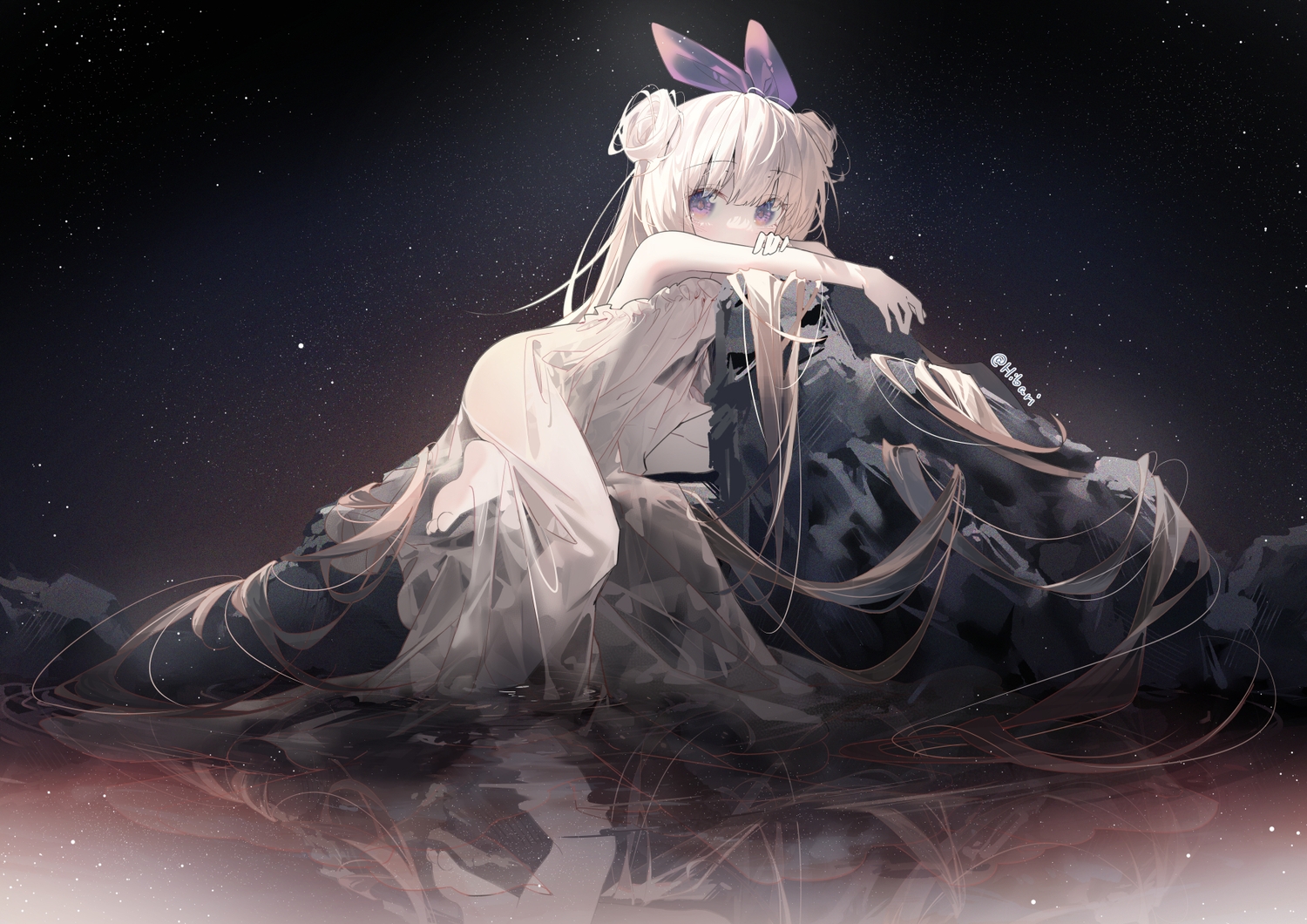 aliasing, barefoot, blonde_hair, blush, dress, hibari_hina, loli, long_hair, nipples, no_bra, nopan, original, purple_eyes, reflection, see_through, signed, water