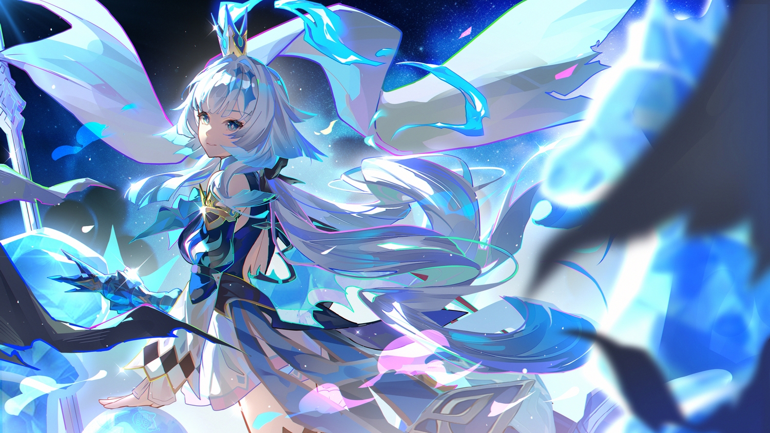 aqua_eyes, cerydra_(honkai:_star_rail), crown, dress, gray_hair, honkai_(series), honkai:_star_rail, long_hair