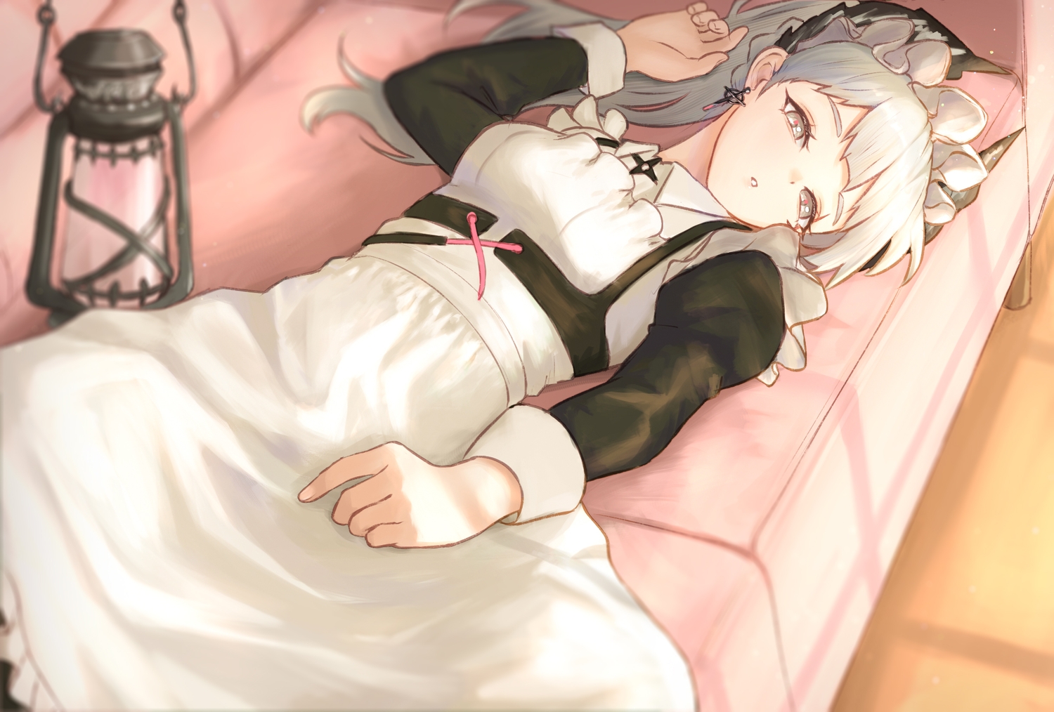 apron, arknights, couch, gray_eyes, gray_hair, headdress, horns, irene_(arknights), long_hair, maid, ponytail, runyo_(yale12312)