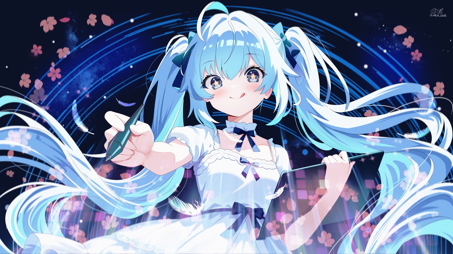 aqua_hair, blue_eyes, blush, bow, choker, close, computer, dress, feathers, flowers, long_hair, original, signed, twintails, yunduan_tianshang_de_long_yt