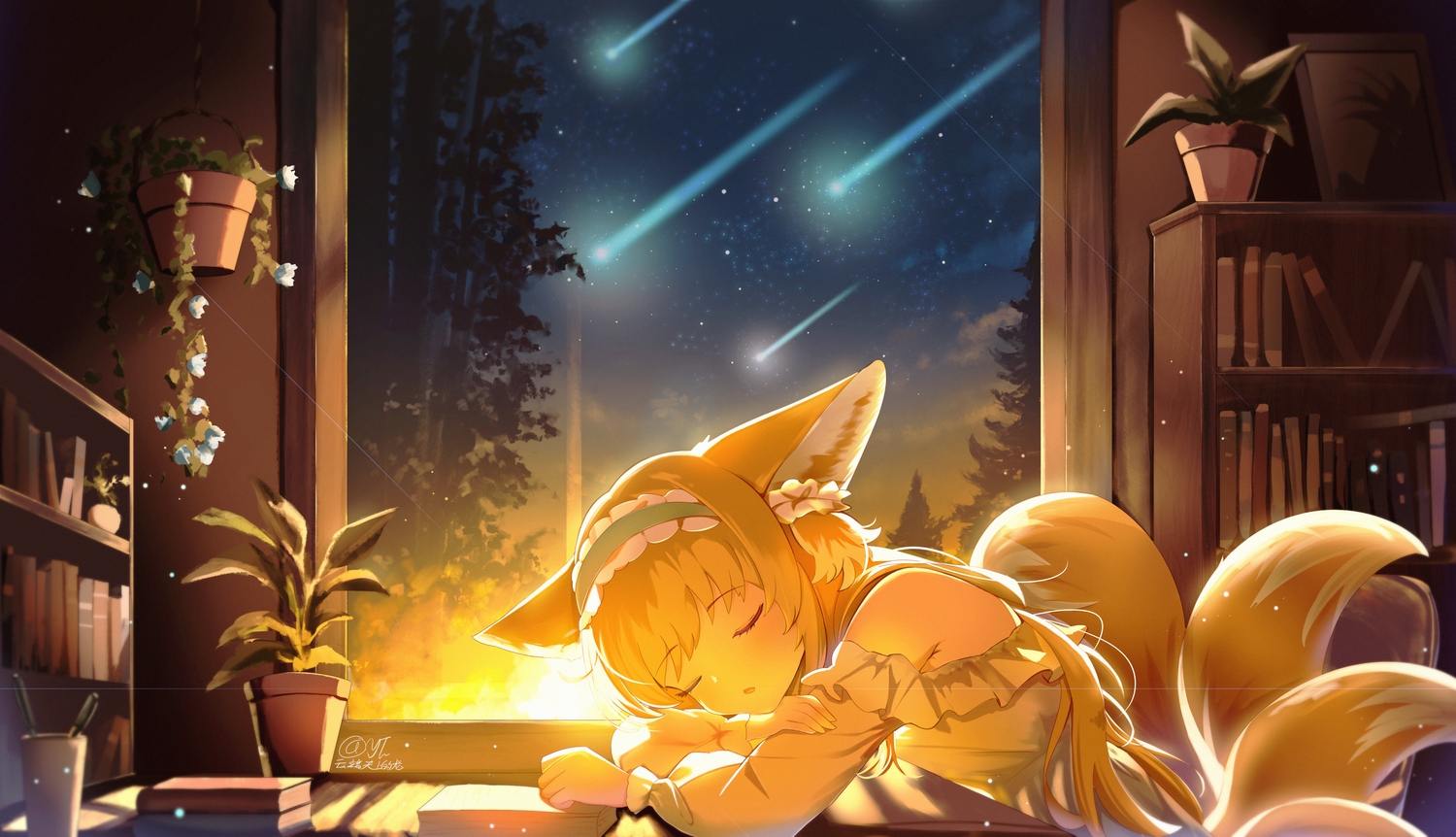 animal_ears, arknights, blonde_hair, book, foxgirl, headband, long_hair, multiple_tails, night, signed, sky, sleeping, stars, suzuran_(arknights), tail, tree, yunduan_tianshang_de_long_yt