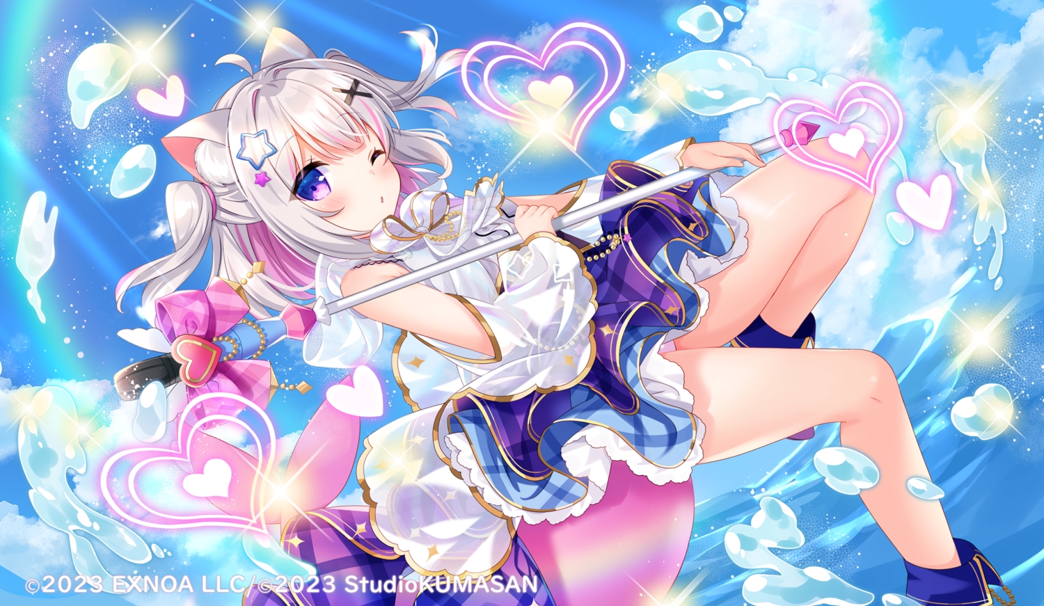 animal_ears, ball, blush, boots, bow, clouds, gray_hair, heart