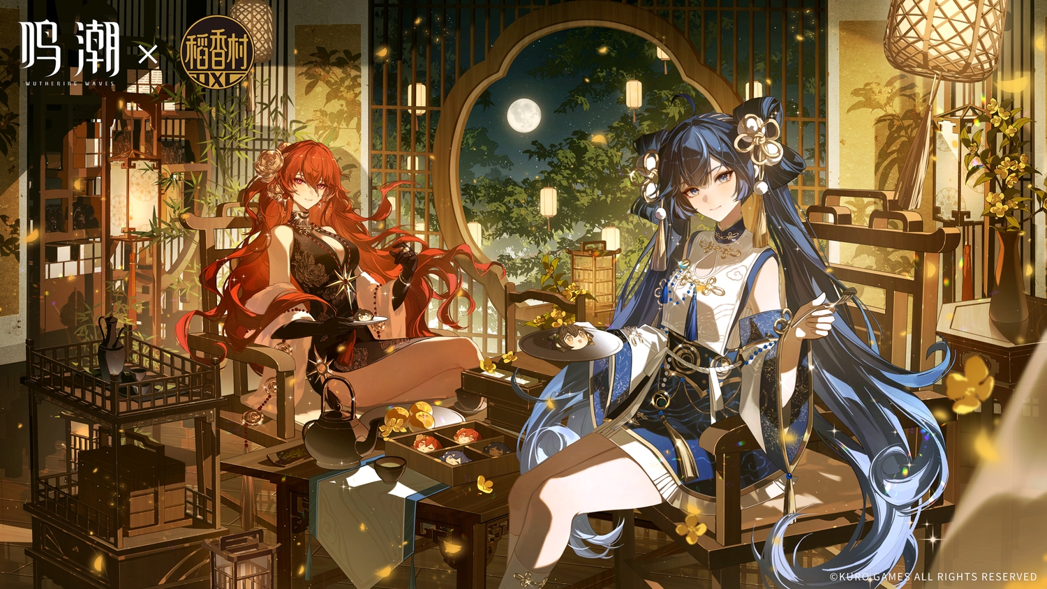 2girls, augusta_(wuthering_waves), blue_eyes, blue_hair, breasts, choker, cleavage, dress