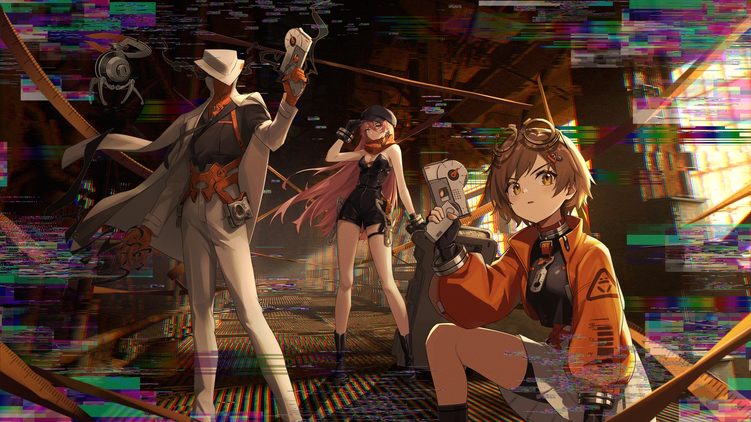 2girls, bandage, bike_shorts, boots, breasts, brown_eyes, brown_hair, cape, cleavage, collar, dixo_(user_srff3835), garter, glasses, gloves, group_leader_(xinyue_tongxing), gun, hat, long_hair, mingshuang_(xinyue_tongxing), pink_hair, purple_eyes, qianqiu_(xinyue_tongxing), robot, scarf, short_hair, shorts, skirt, suit, tie, weapon, wristwear, xinyue_tongxing