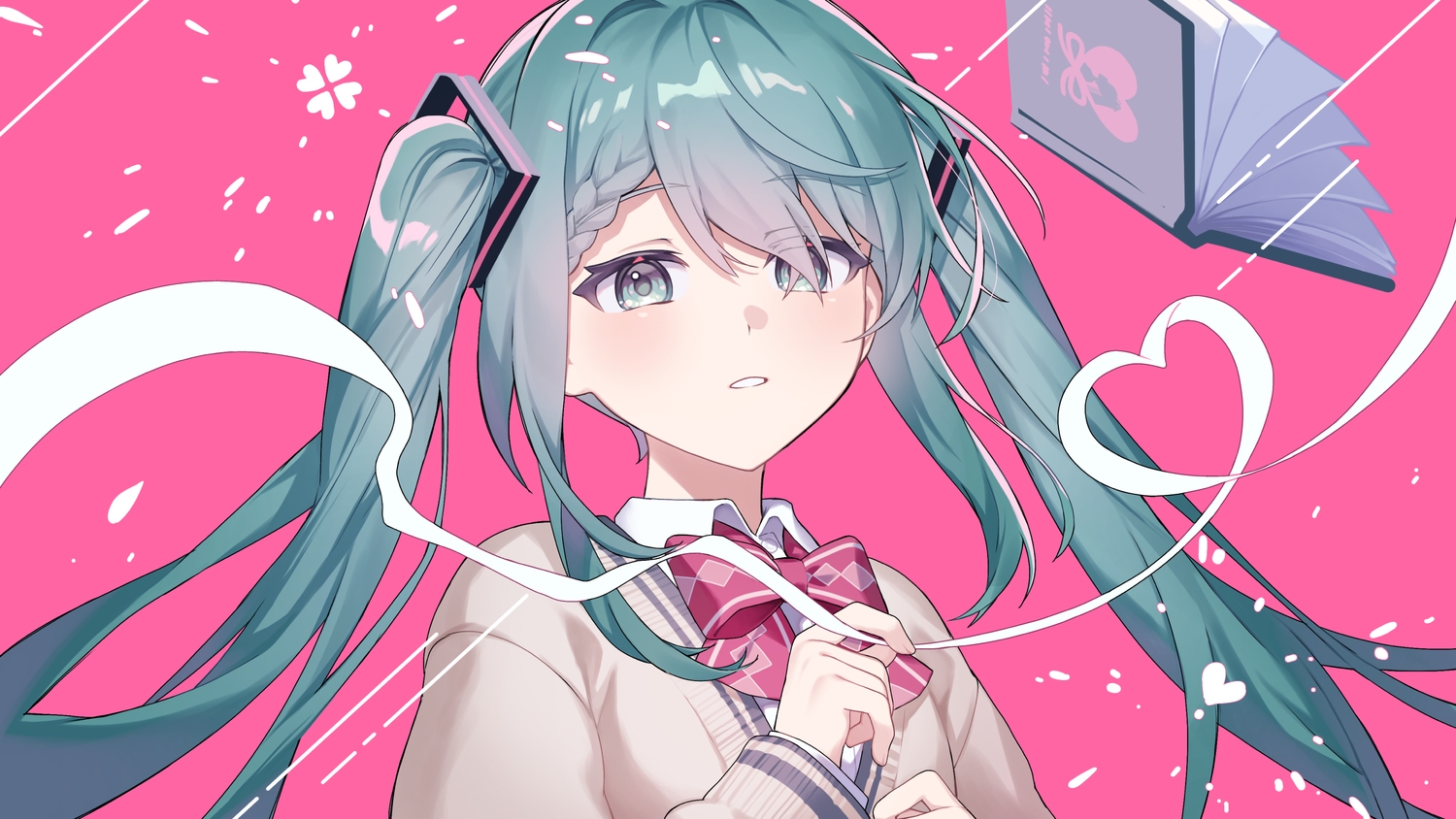 aqua_eyes, aqua_hair, book, bow, close, hatsune_miku, heart, kurobikari, long_hair, pink, ribbons, school_uniform, twintails, vocaloid