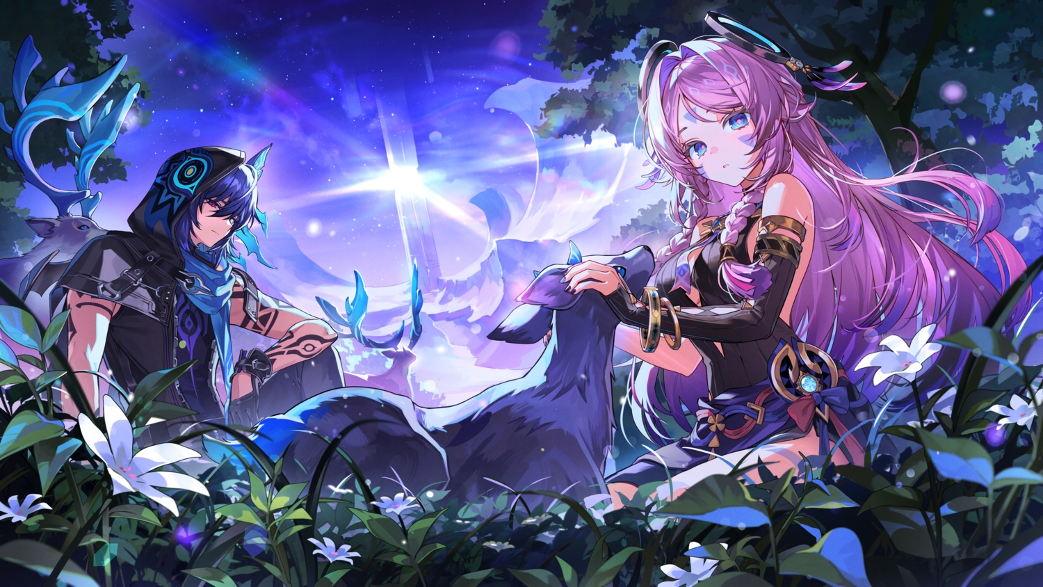 animal, bicolored_eyes, blue_eyes, blue_hair, bow, braids, citlali_(genshin_impact), dress