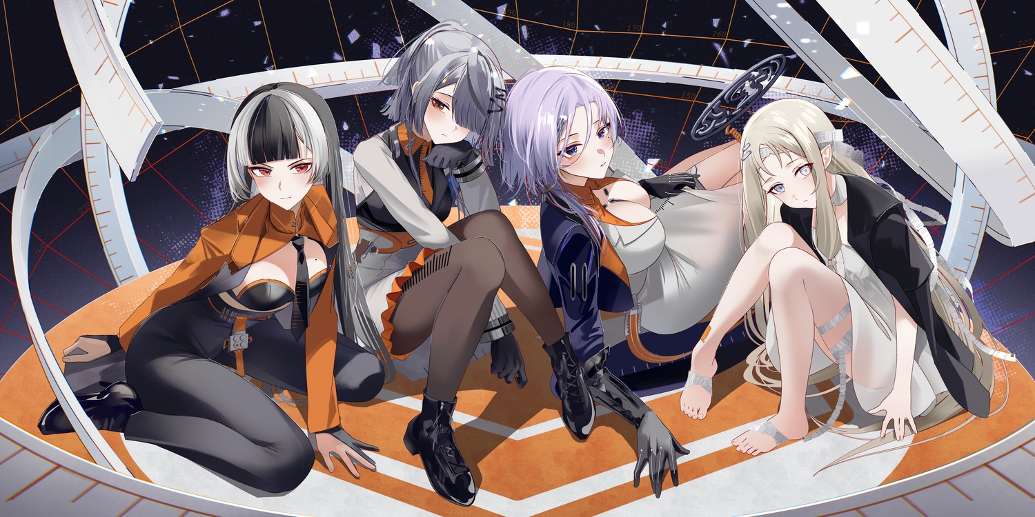 aliasing, barefoot, black_hair, blonde_hair, boots, breasts, brown_eyes, cape, choker, cleavage, dress, elbow_gloves, gloves, gray_eyes, gray_hair, group, halo, hengsha_(xinyue_tongxing), long_hair, pantyhose, pointed_ears, ponytail, red_eyes, short_hair, skirt, tagme_(character), tie, xinyue_tongxing, yinguang_(xinyue_tongxing), zakimpo