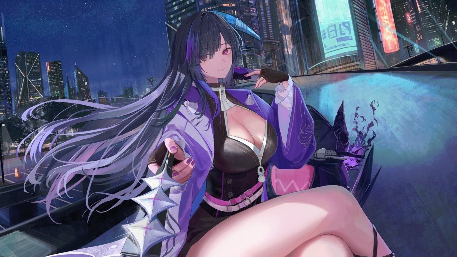 black_hair, blush, breasts, building, chasing_kaleidorider, city, cleavage, dress