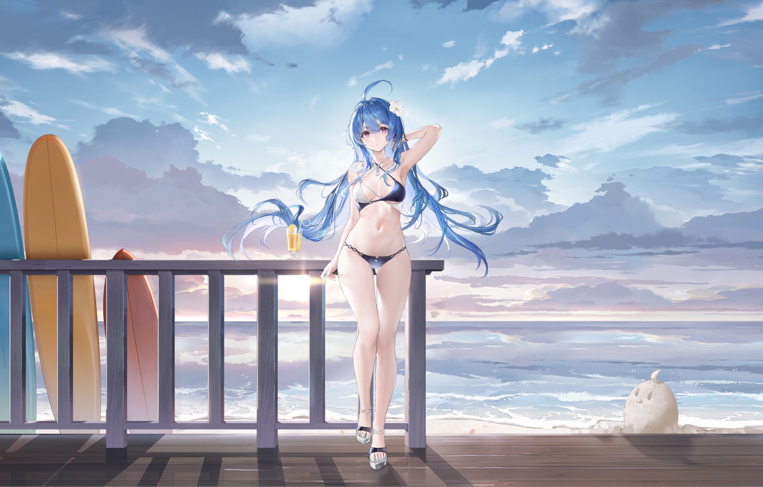 anthropomorphism, azur_lane, beach, bikini, blue_hair, clouds, drink, haori_iori