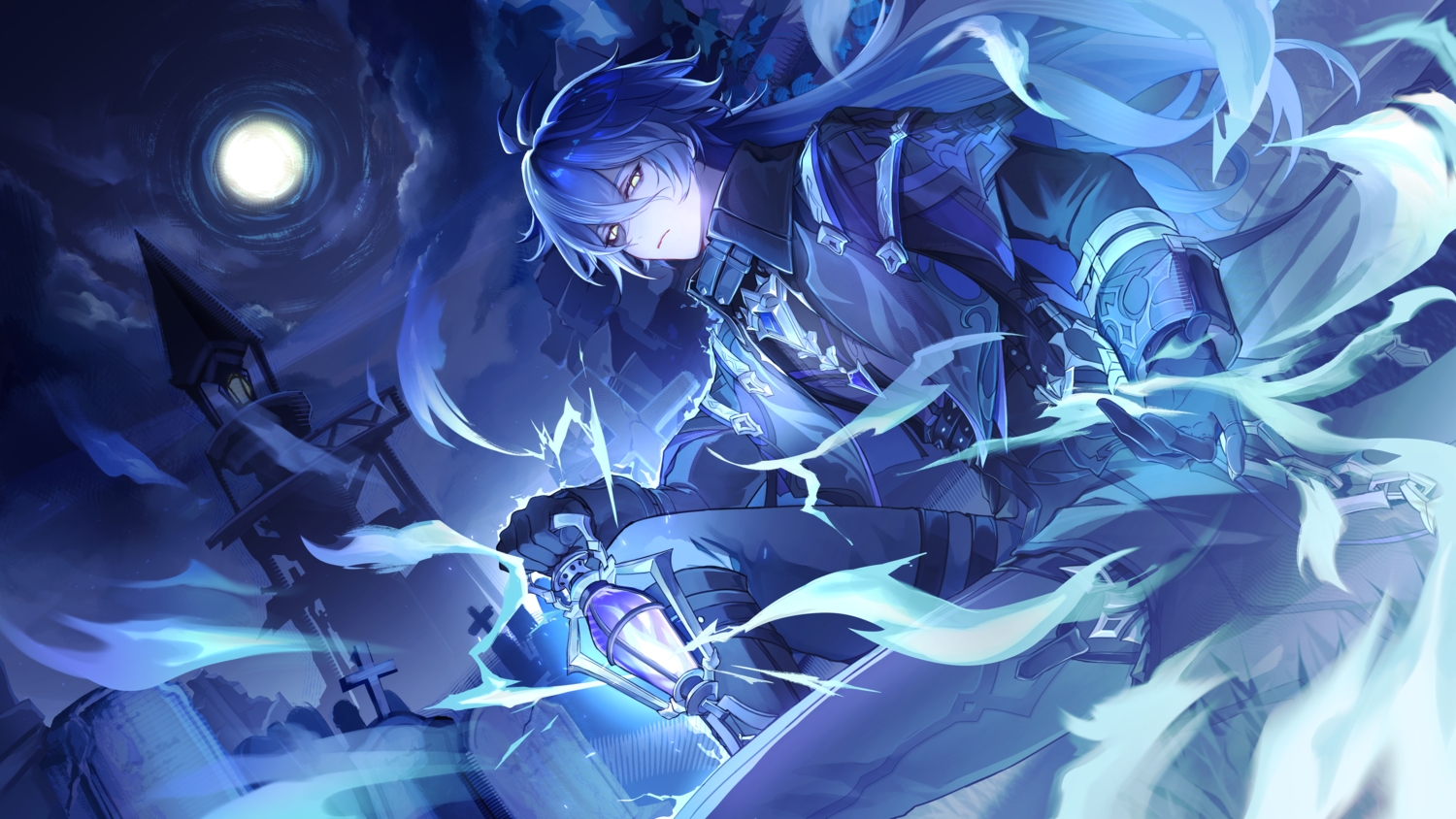 all_male, blue, blue_hair, boots, building, clouds, flins_(genshin_impact), garter, genshin_impact, gloves, grass, long_hair, magic, male, mimisuke37, moon, night, sky, yellow_eyes