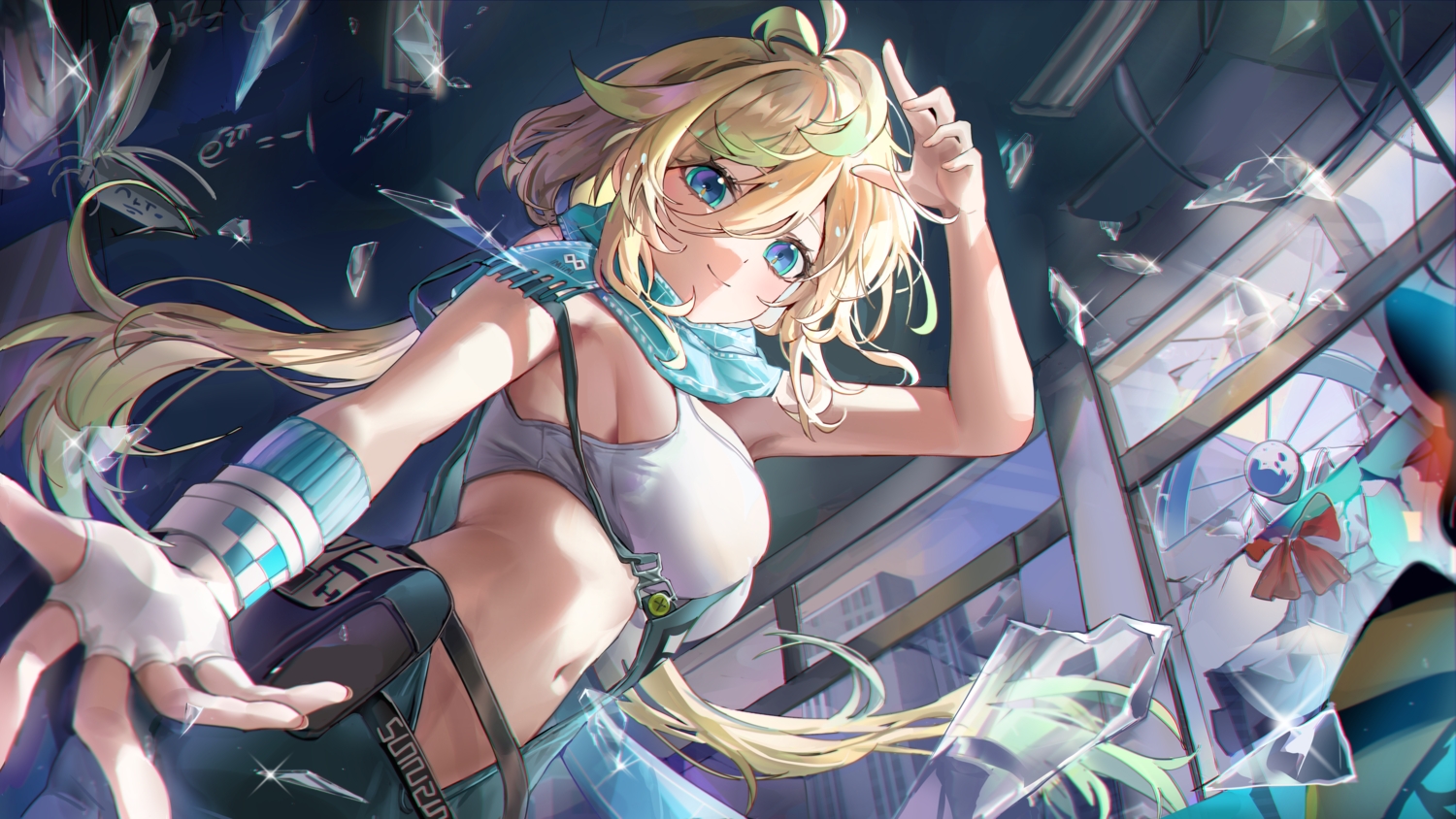 blonde_hair, blue_eyes, breasts, building, chasing_kaleidorider, close, gloves, long_hair, mungduck, navel, prome_(chasing_kaleidorider), scarf, sports_bra, wristwear