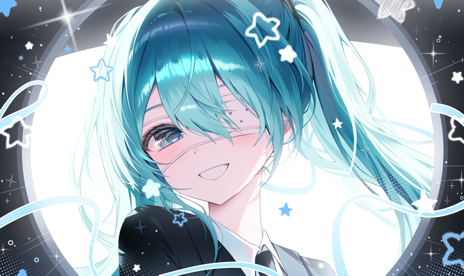 aqua_hair, blush, close, eyepatch, gray_eyes, hatsune_miku, long_hair, monitoring_(vocaloid)