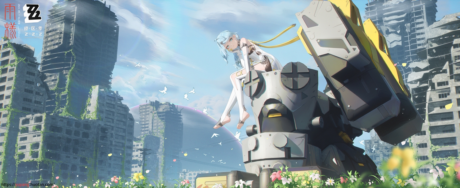 animal, aqua_eyes, barefoot, bird, blue_hair, bodysuit, braids, building