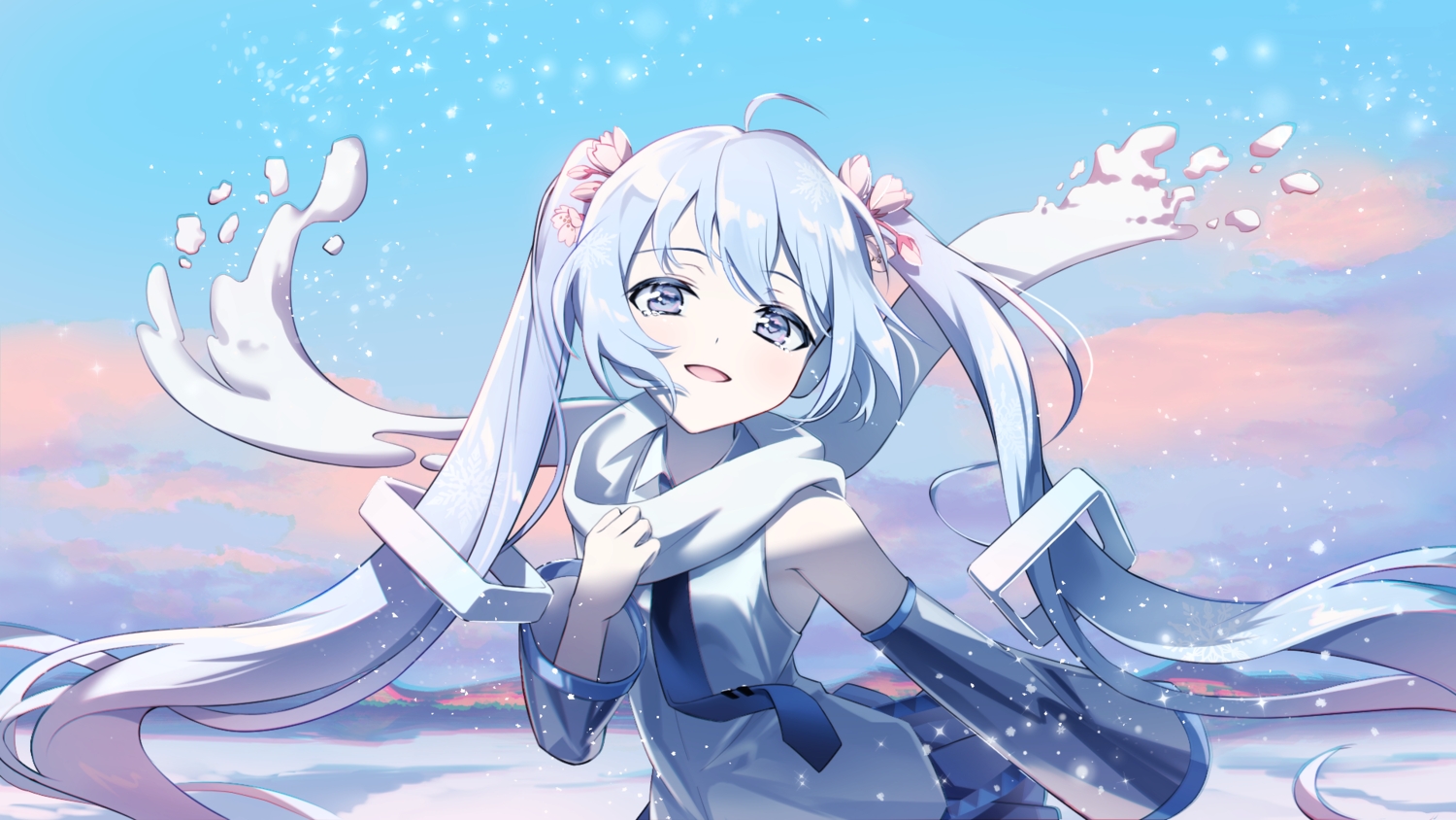 blue_eyes, blue_hair, cherry_blossoms, close, clouds, flowers, hatsune_miku, iluka_(ffv7), long_hair, scarf, shirt, skirt, sky, snow, sunset, tears, tie, twintails, vocaloid, yuki_miku