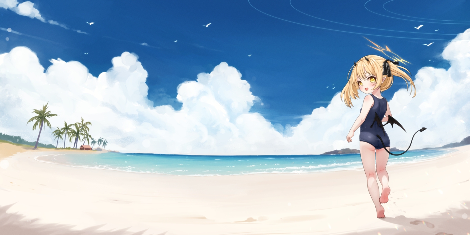 ass, barefoot, beach, blonde_hair, blue_archive, bow, clouds, comodox