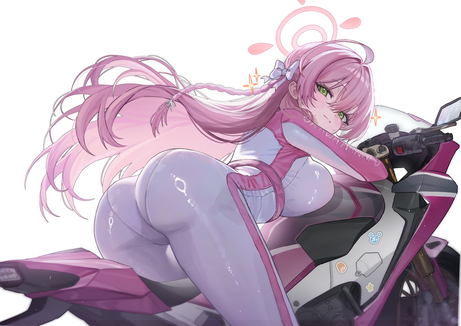 ass, blue_archive, blush, bodysuit, bow, braids, breasts, green_eyes, halo, long_hair, motorcycle, pink_hair, skintight, urawa_hanako, white, yamu_(yamu_030)