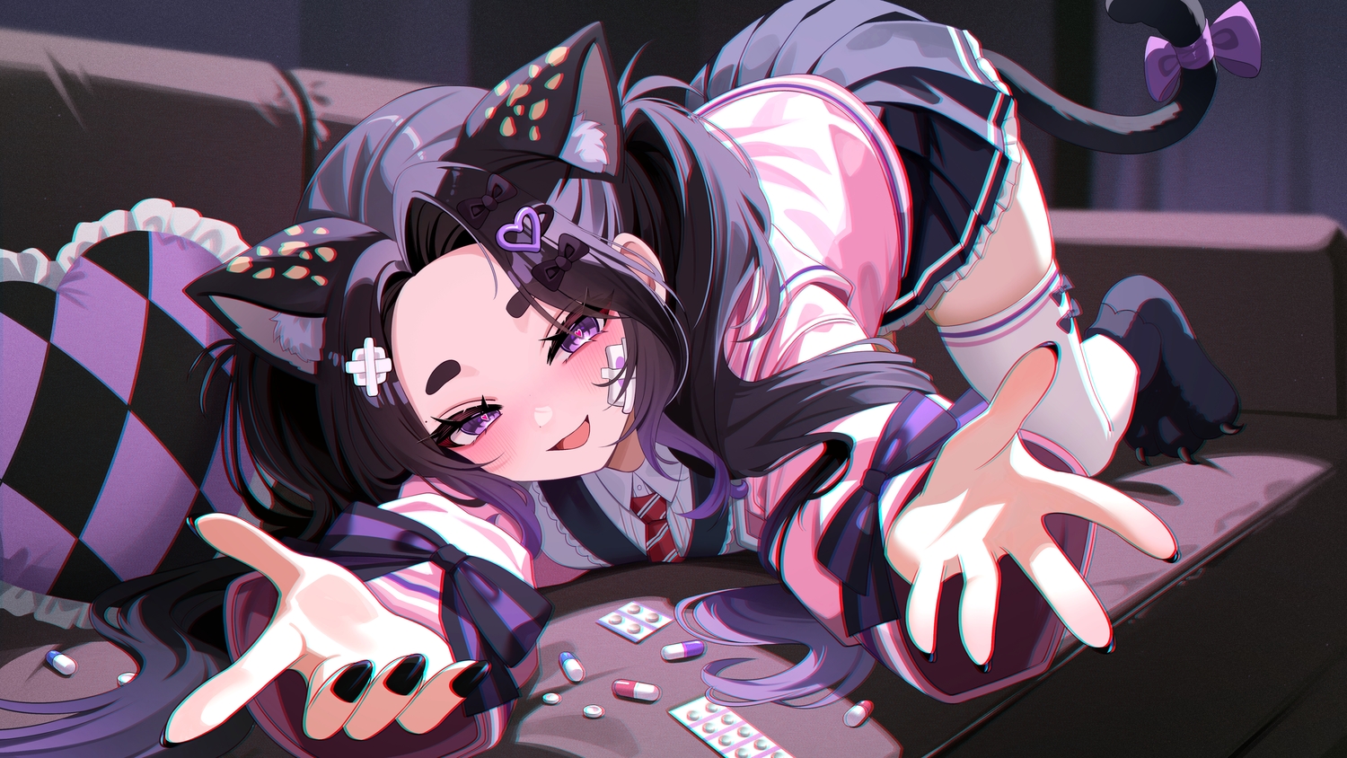 aliasing, animal_ears, bandage, black_hair, blush, bow, catgirl, cat_smile