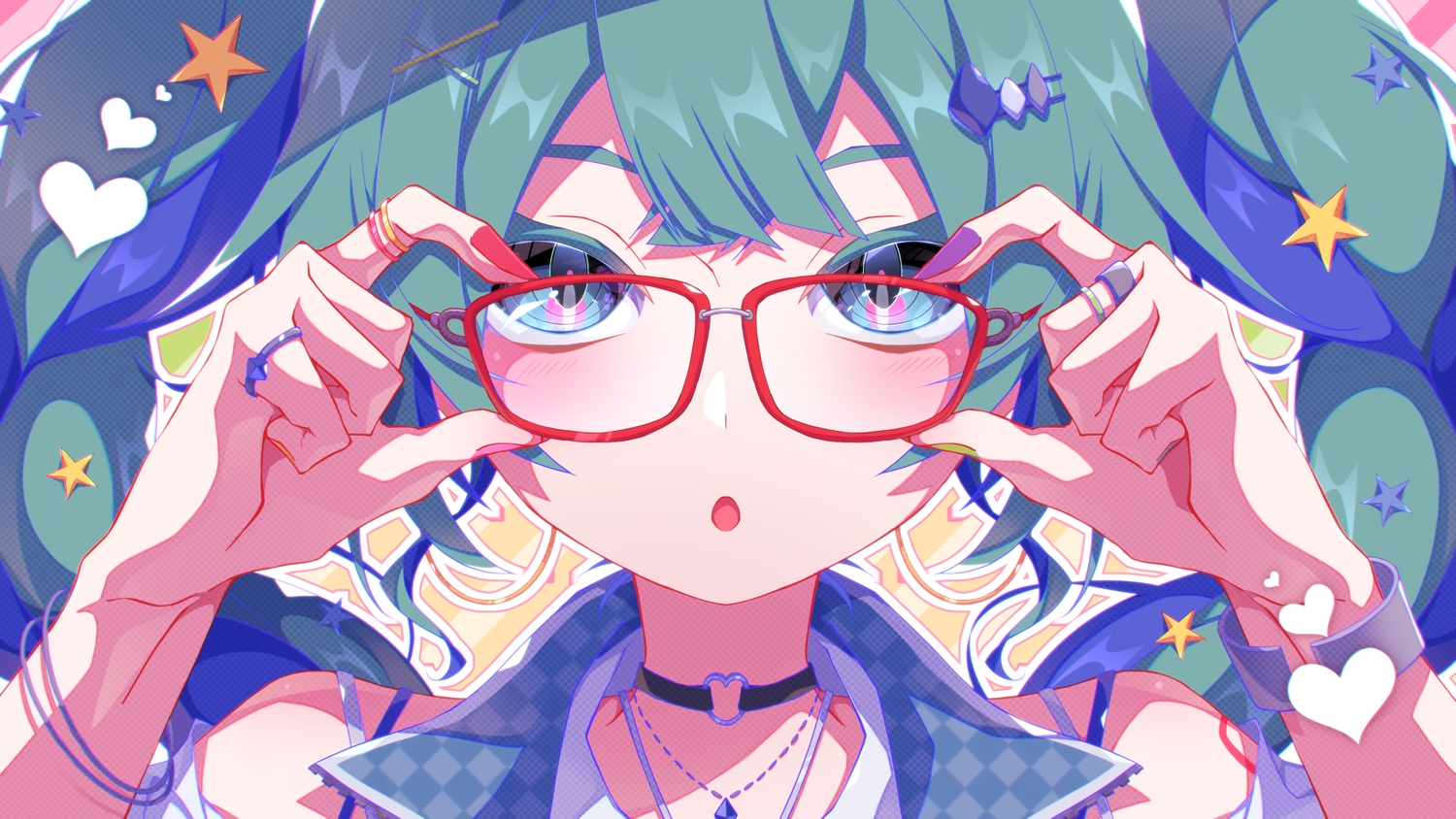 aosaki_yato, aqua_hair, blue_eyes, blush, choker, close, glasses, hatsune_miku