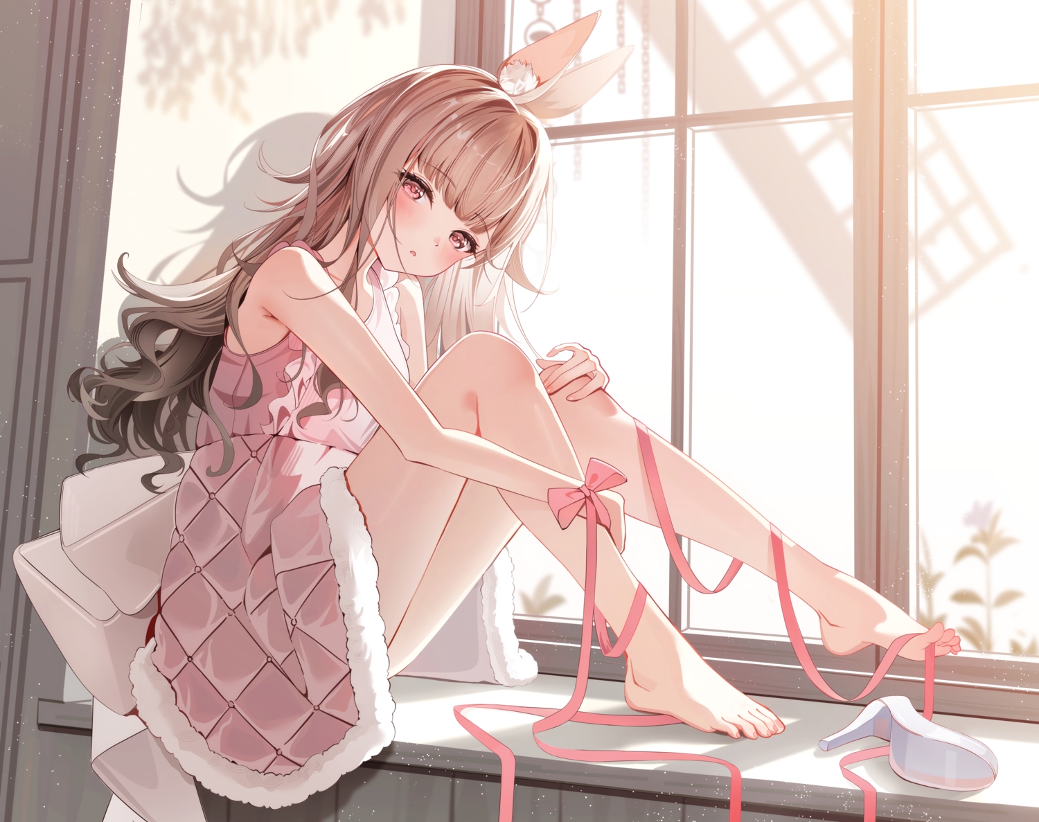 animal_ears, barefoot, blush, bow, brown_hair, bunny_ears, bunnygirl, dress, indie_virtual_youtuber, long_hair, pink_eyes, ribbons, sikimosh