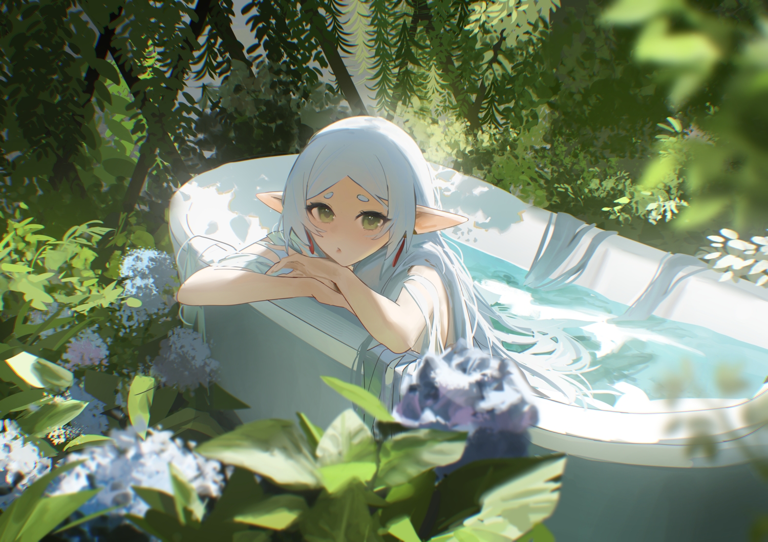 bath, bathtub, flowers, frieren, gray_hair, green_eyes, leaves, long_hair
