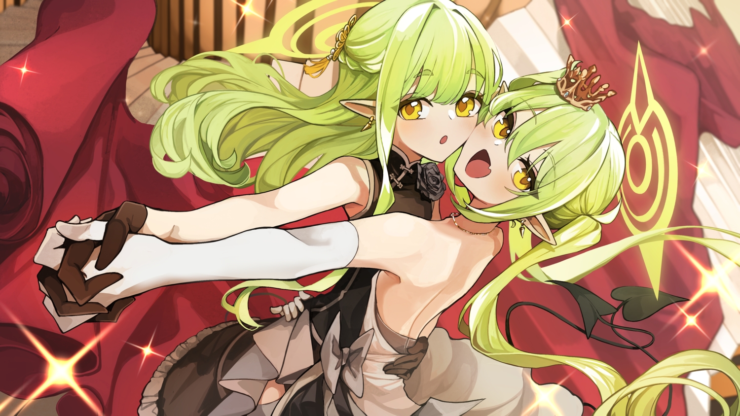 2girls, blue_archive, braids, chinese_clothes, chinese_dress, dress, elbow_gloves, fang