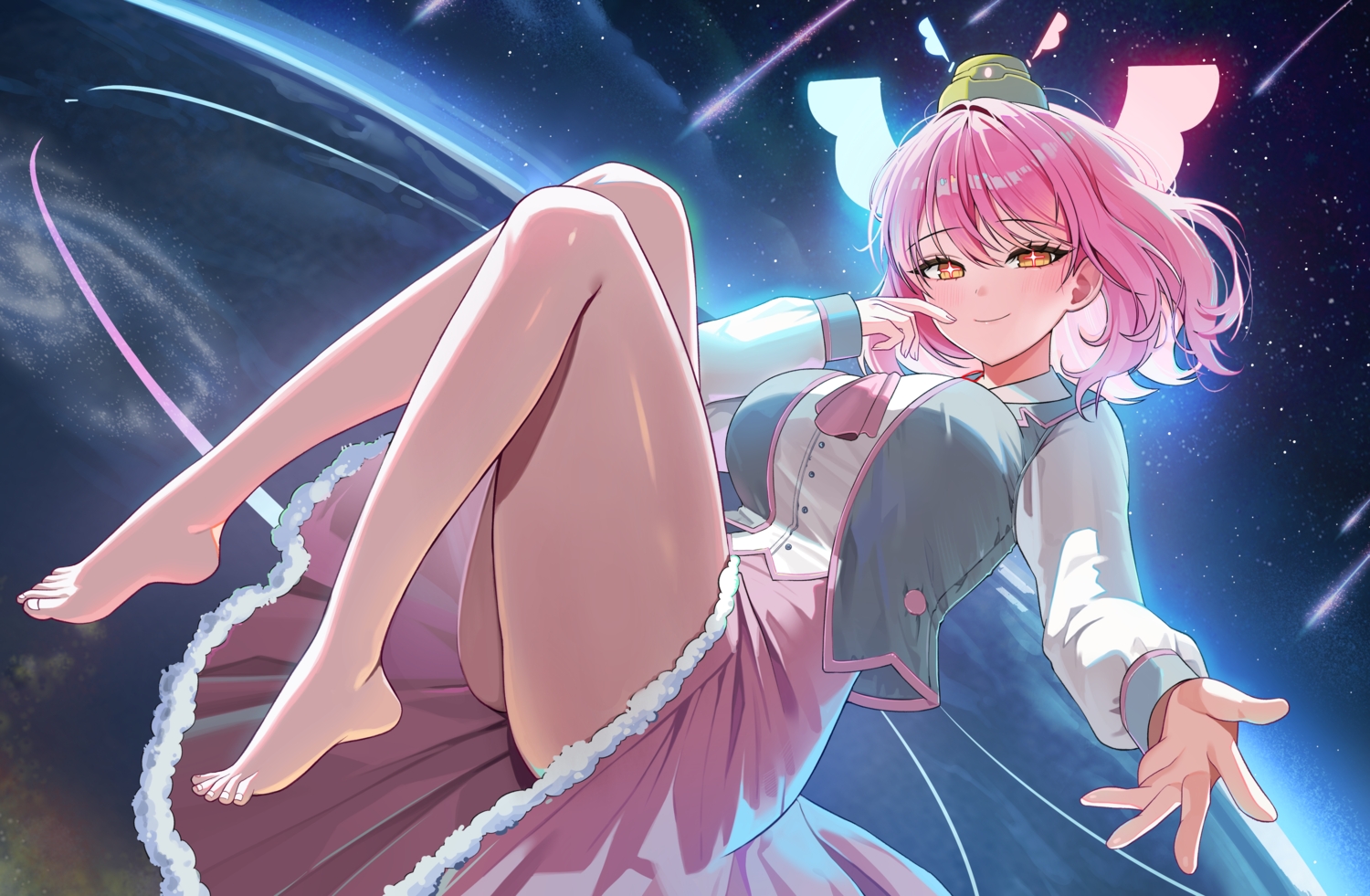 barefoot, blush, breasts, earth, headdress, kaho_oco, pink_hair, planet