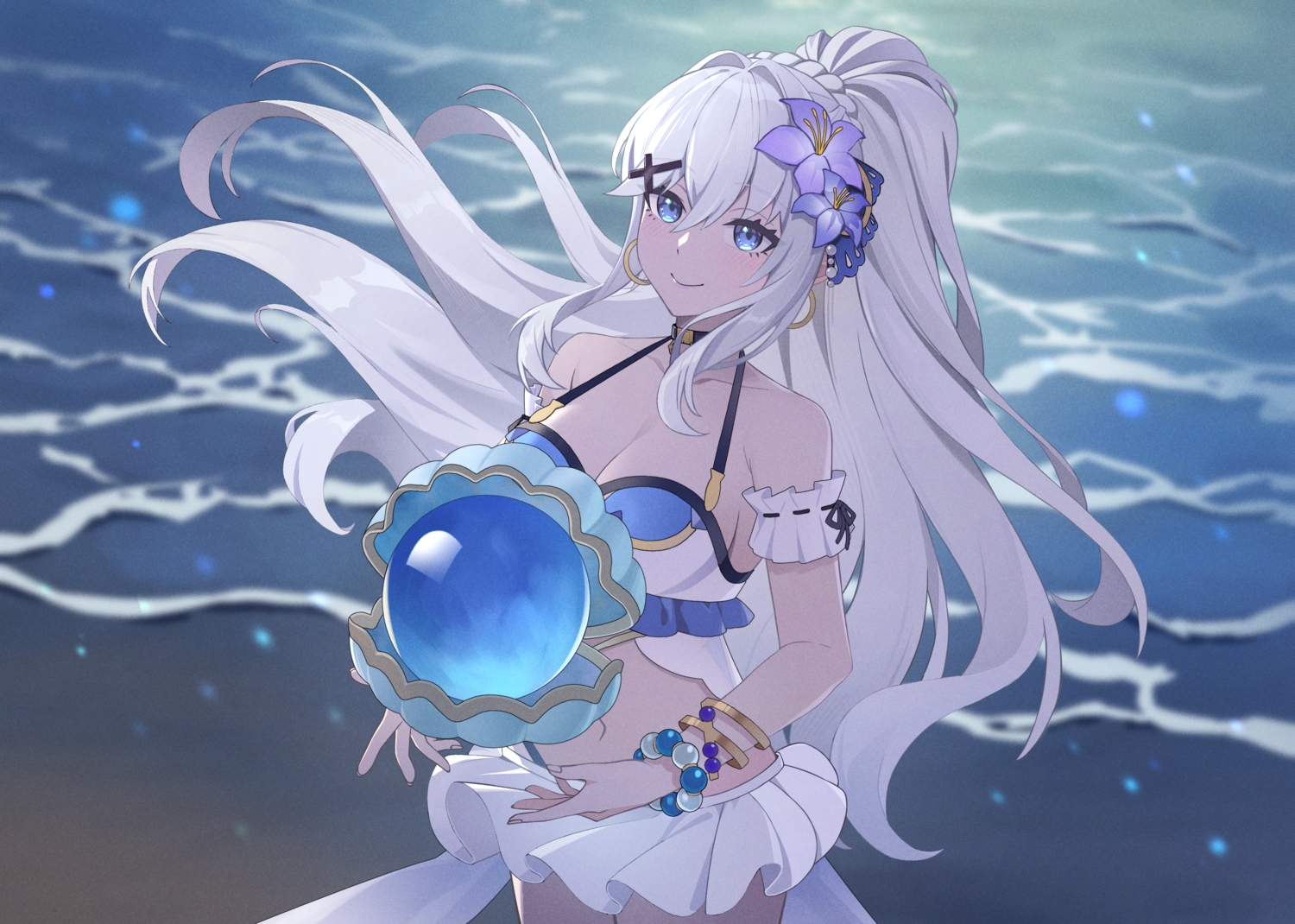 adina_savic, aliasing, beach, bikini, black_survival, blue_eyes, blush, braids