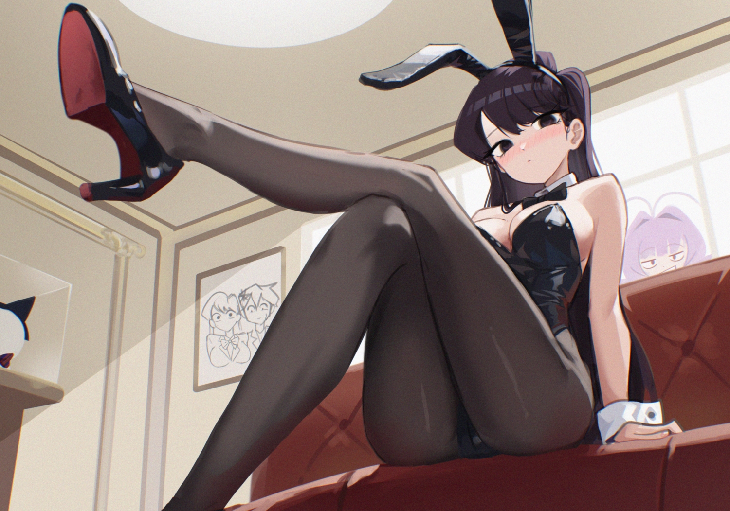 animal_ears, black_eyes, black_hair, blush, bow, breasts, bunny_ears, bunnygirl, cleavage, cosplay, couch, danraz0r, headband, komi-san_wa_komyushou_desu, komi_shouko, leotard, long_hair, osana_najimi_(komi-san_wa_komyushou_desu), pantyhose, purple_hair, short_hair, wristwear