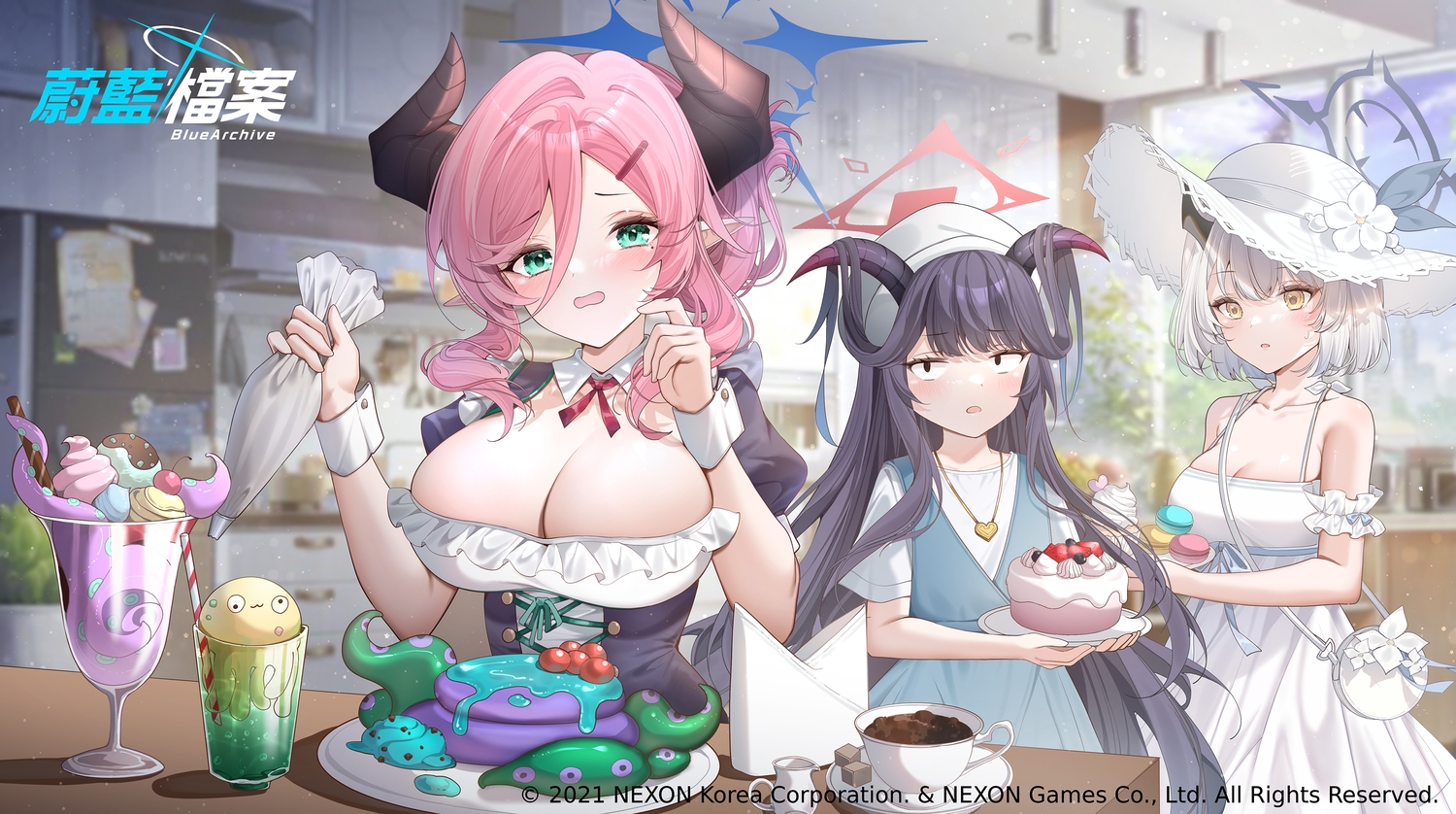 aikiyo_fuuka, aqua_eyes, black_eyes, black_hair, blue_archive, blush, breasts, cake