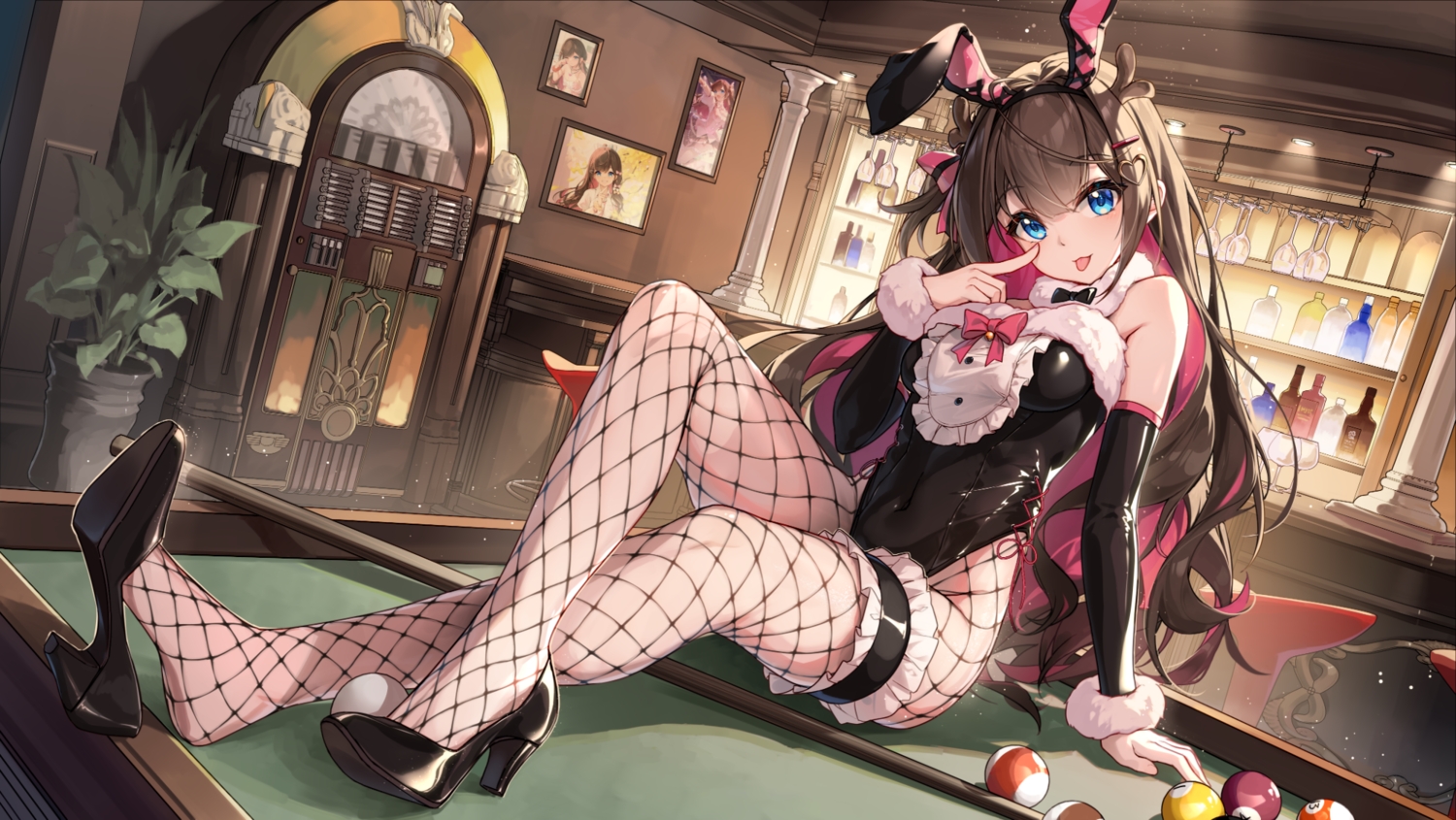 agari_raburi, animal_ears, ball, blue_eyes, bow, brown_hair, bunny_ears, bunnygirl, cat_smile, drink, garter, headband, horns, leotard, long_hair, project-sp, qianze_chia, stockings