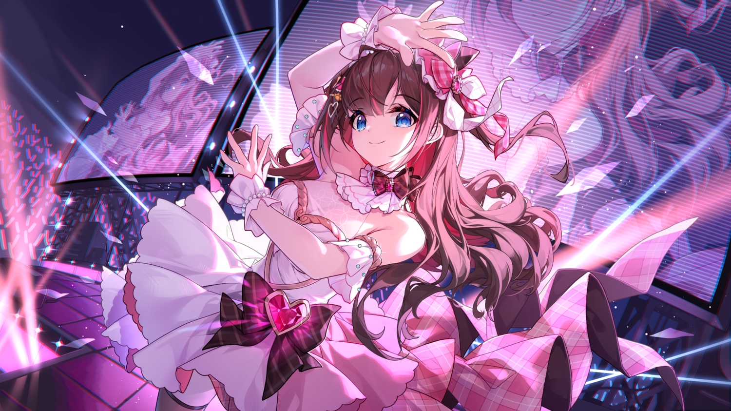 agari_raburi, blue_eyes, bow, breasts, brown_hair, cleavage, dress, long_hair, project-sp, qianze_chia, see_through, wristwear