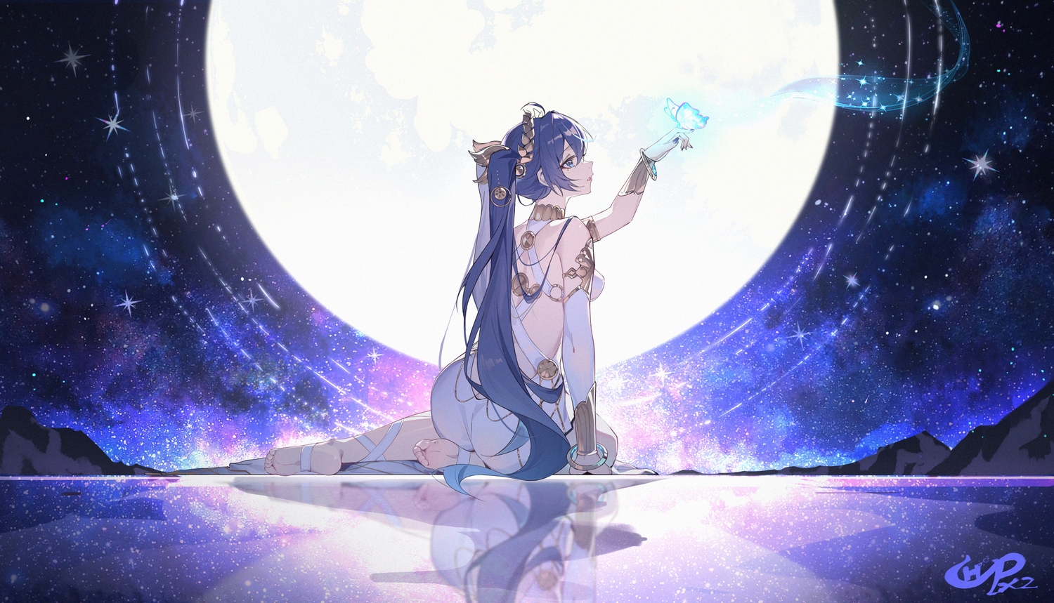 ass, barefoot, blue_eyes, blue_hair, butterfly, chahu_pao, choker, dress, iuno_(wuthering_waves), long_hair, night, reflection, signed, sky, stars, twintails, wristwear, wuthering_waves