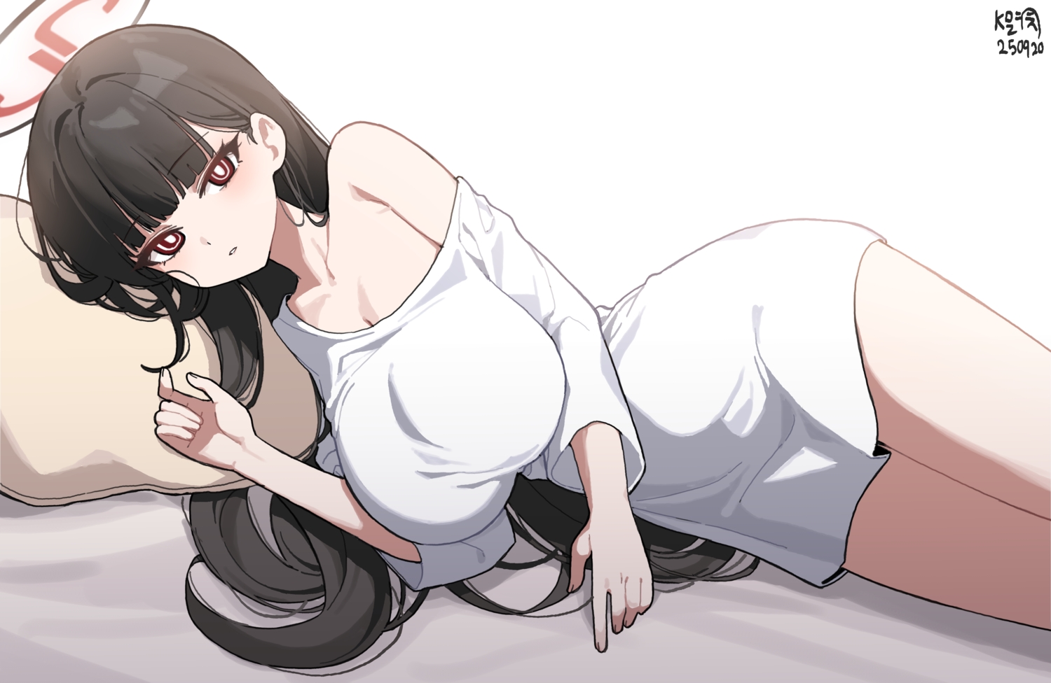 bed, black_hair, blue_archive, breasts, halo, long_hair, myeolchi, no_bra, red_eyes, signed, tsukatsuki_rio, white