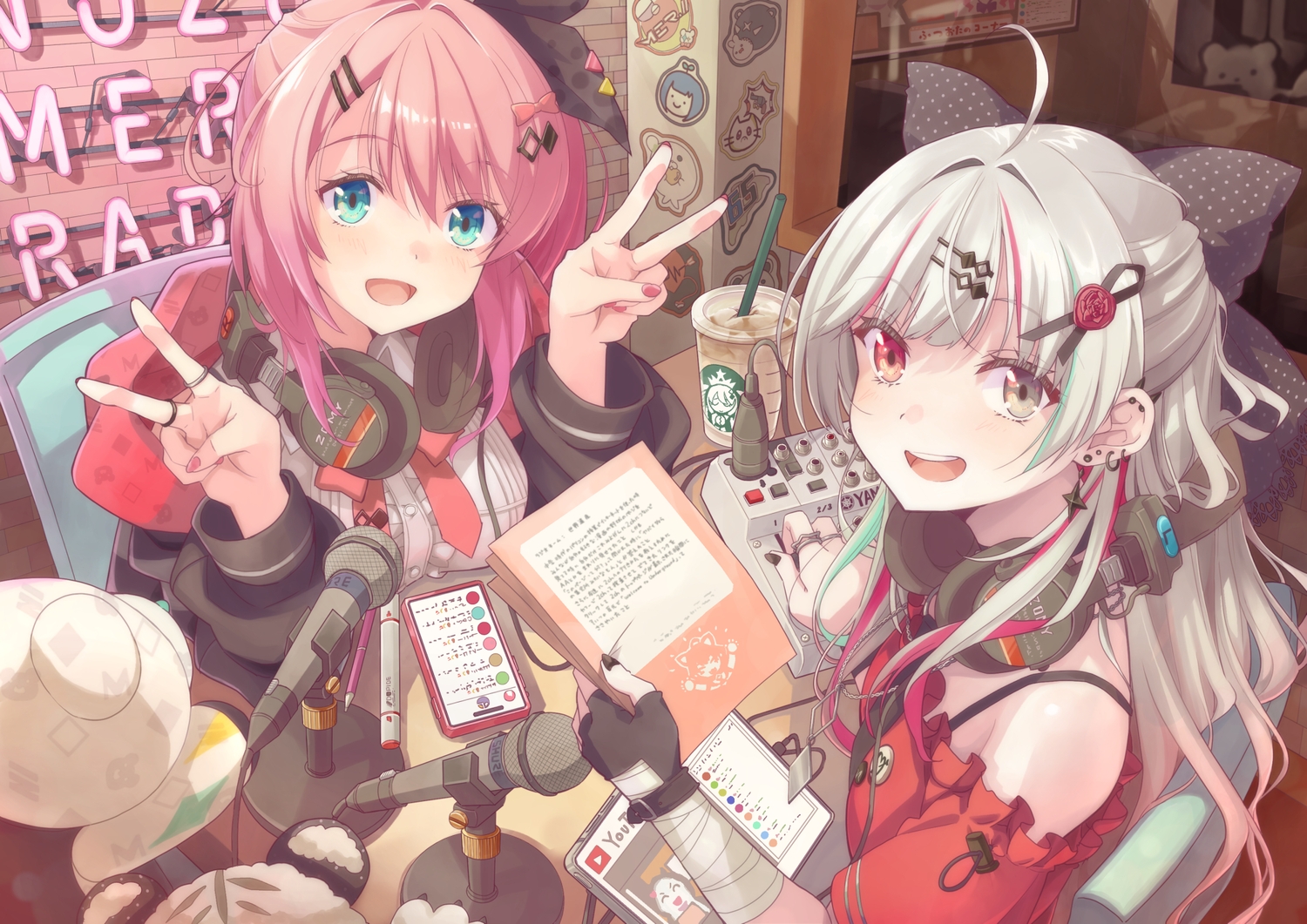 2girls, aqua_eyes, bandage, bicolored_eyes, blush, computer, gloves, gray_hair