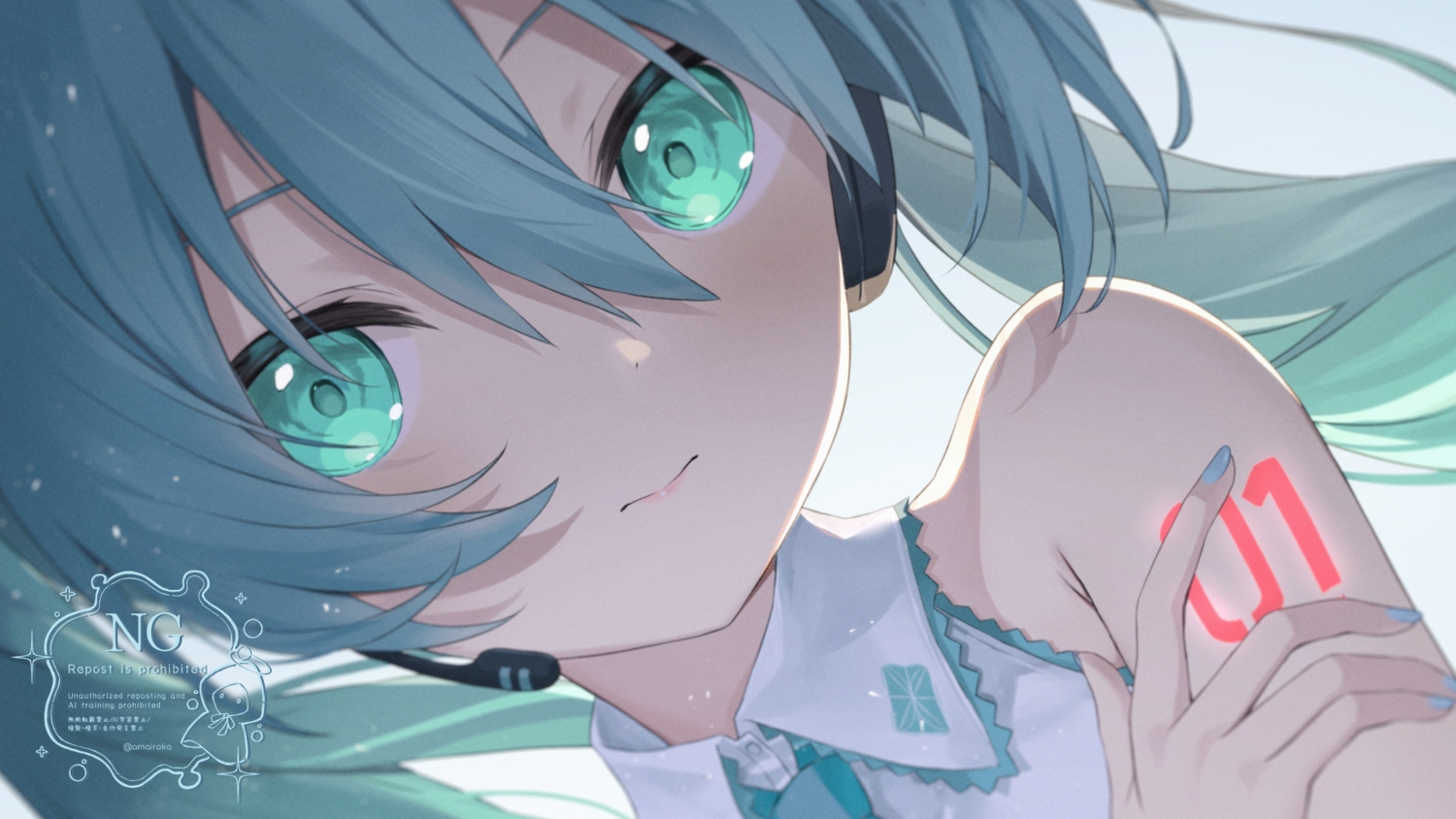 aqua_eyes, aqua_hair, cino_(amairoka), close, hatsune_miku, headphones, long_hair, microphone, shirt, tattoo, tie, twintails, vocaloid
