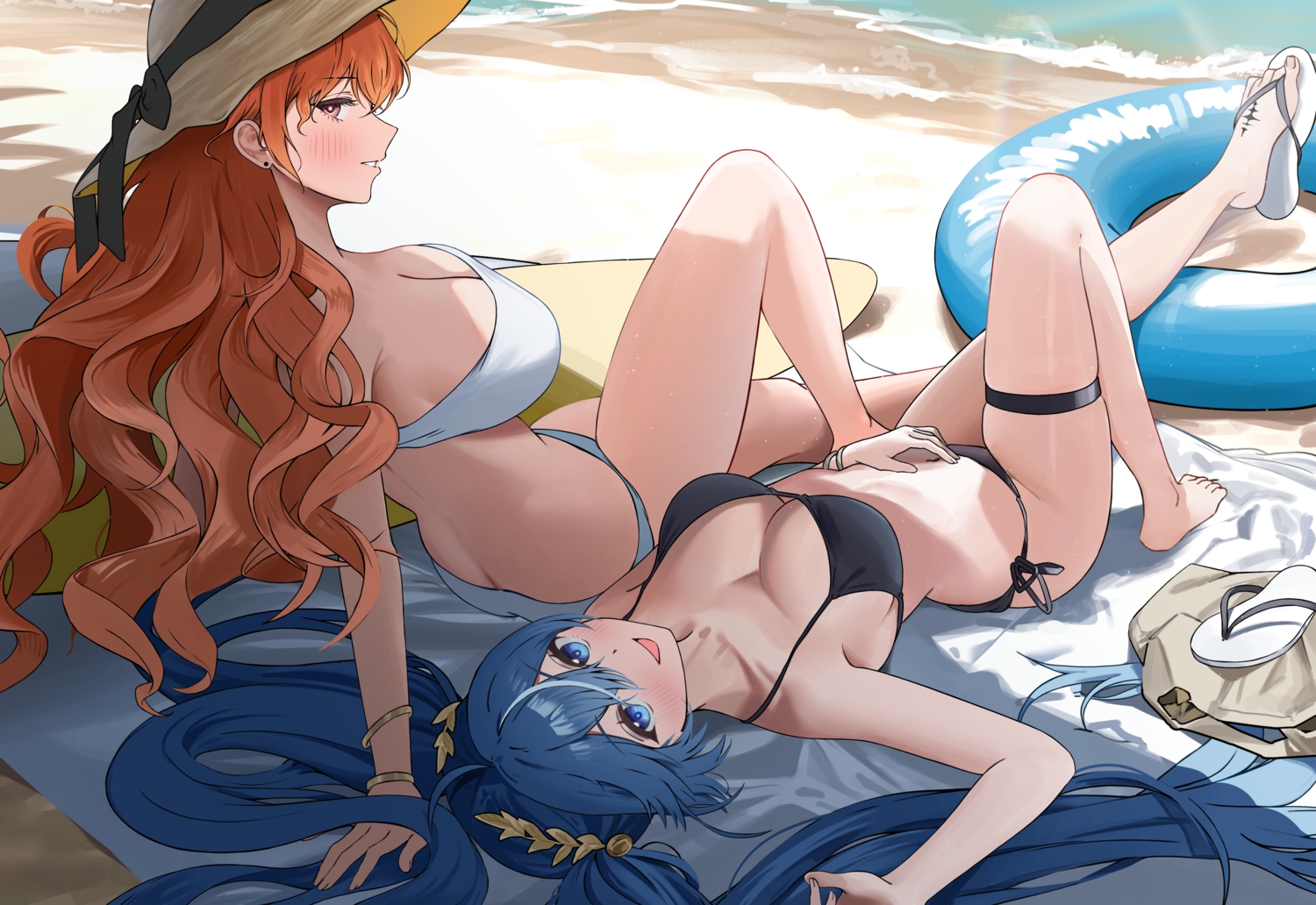 2girls, aliasing, augusta_(wuthering_waves), barefoot, beach, bikini, blue_eyes, blue_hair
