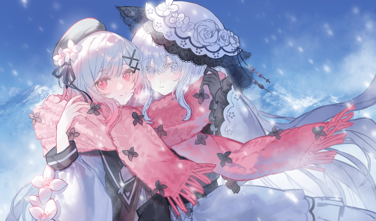 2girls, bow, dress, flowers, gloves, gray_eyes, gray_hair, hat, long_hair, mahou_shoujo_no_majo_saiban, pink_eyes, ribbons, sakuraba_ema, scarf, snow, tagme_(artist), tsukishiro_yuki