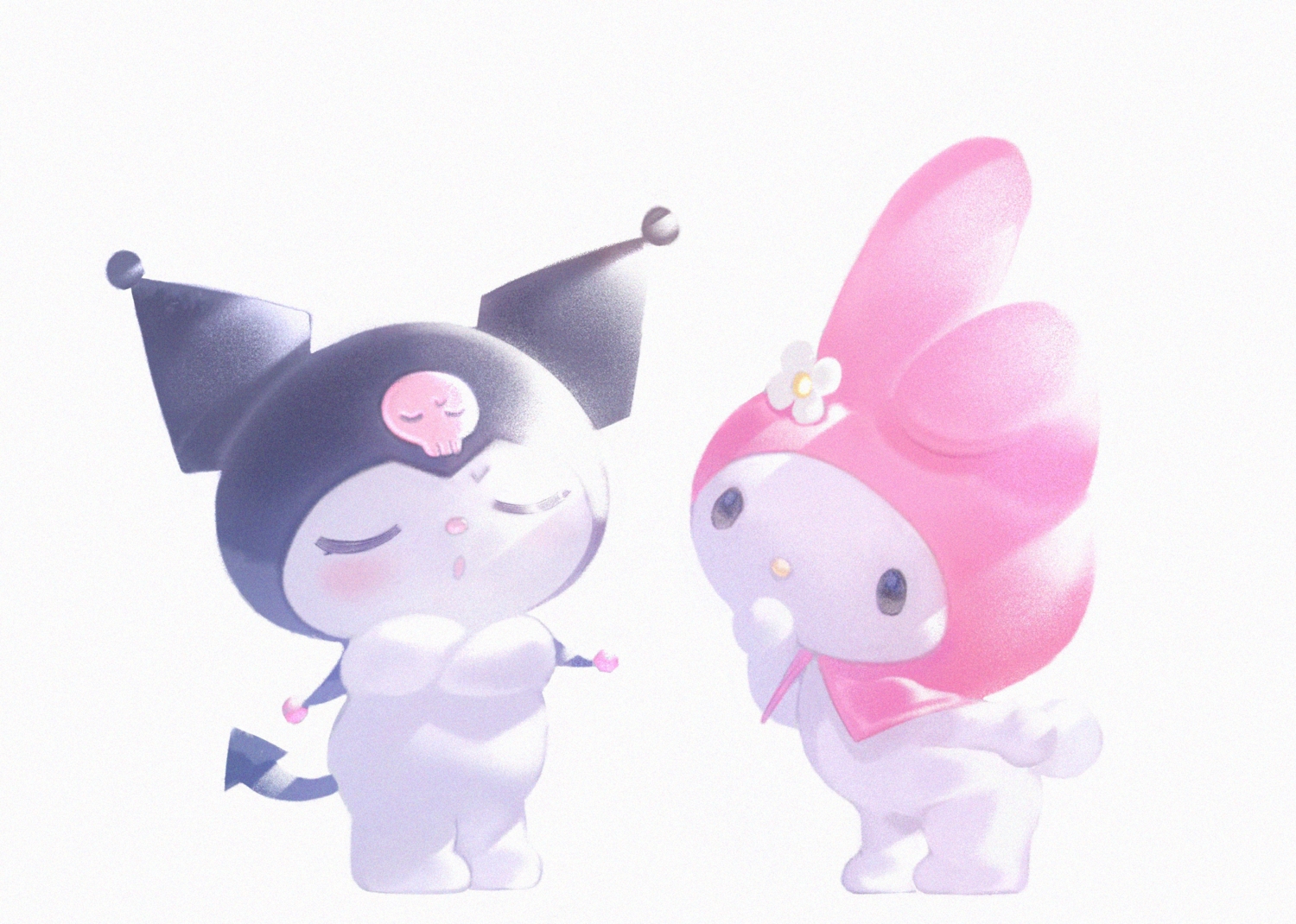 animal_ears, black_eyes, hood, kuromi, my_melody_(character), no_humans, sanrio, shiratsuyu_mone, tail