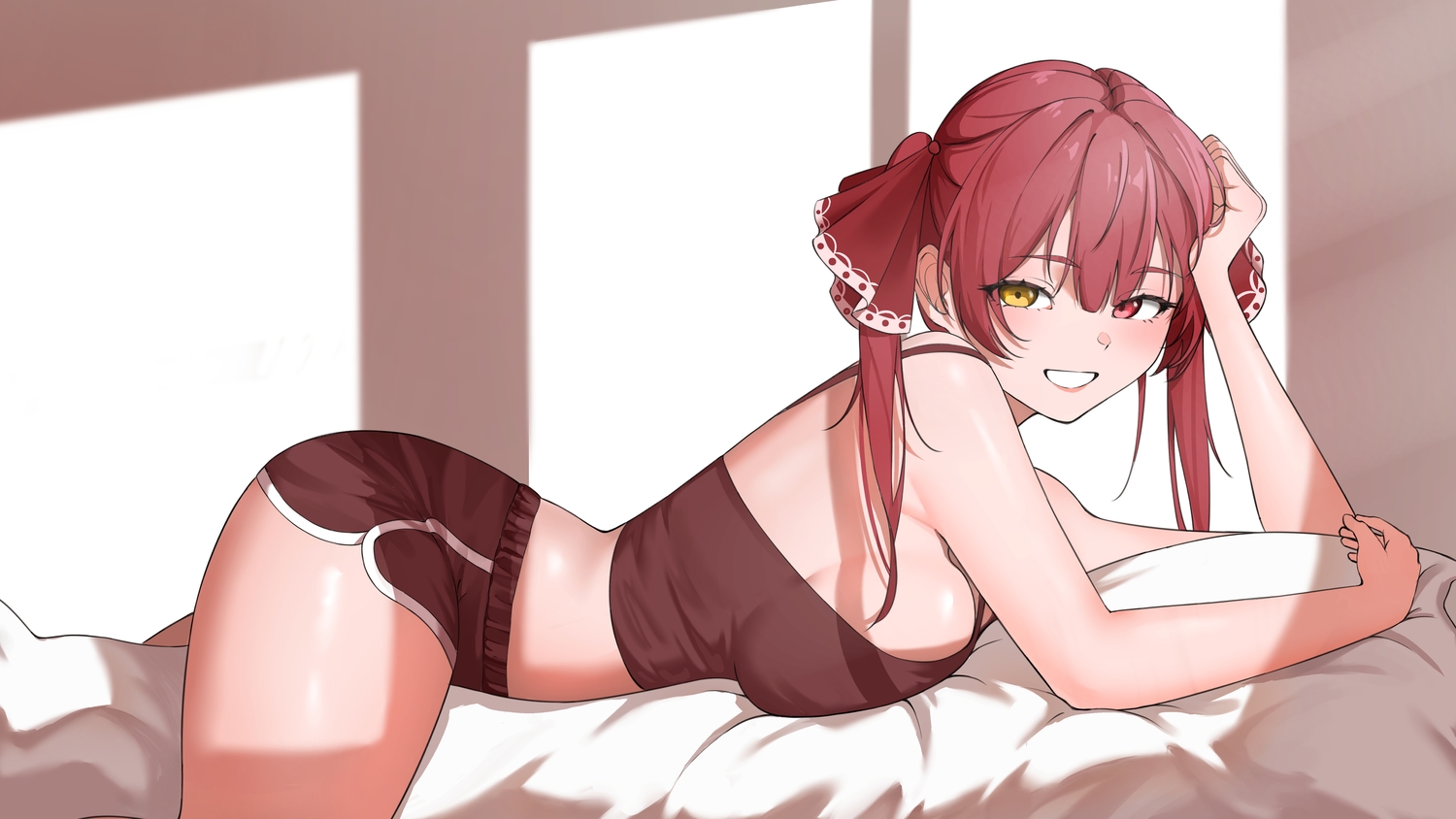 bicolored_eyes, blush, breasts, cleavage, hazeillusts, hololive, houshou_marine, red_hair