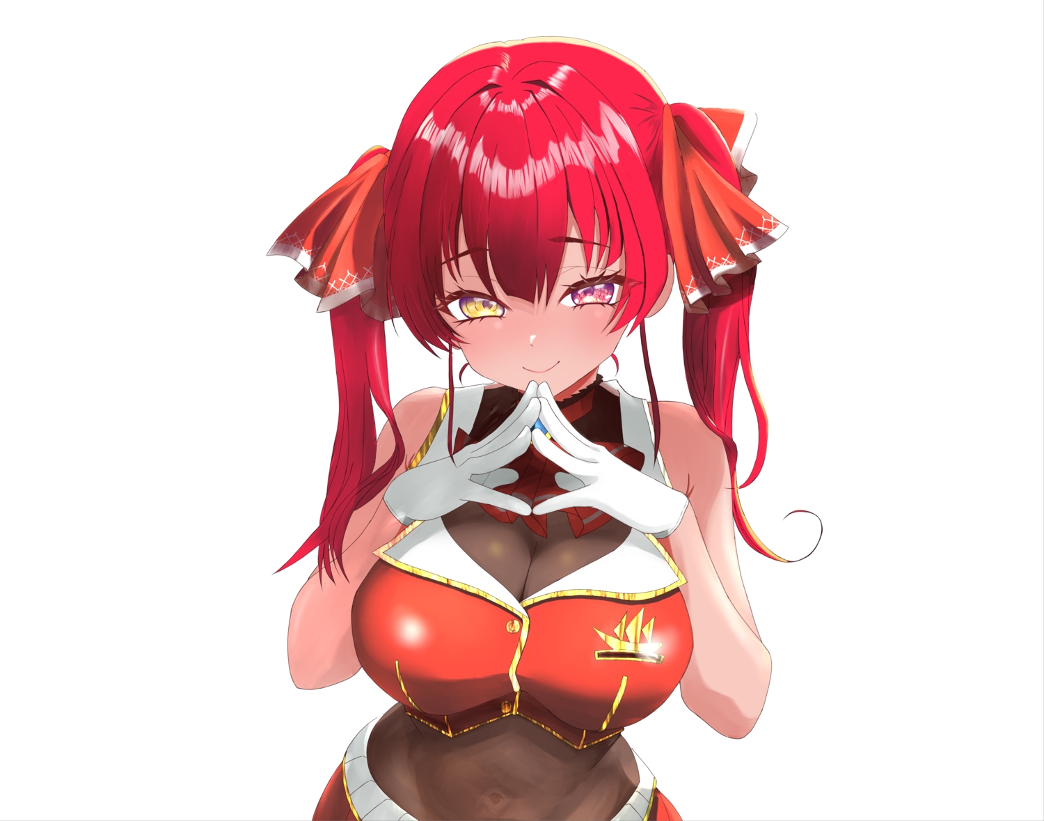 666girimekara, bicolored_eyes, blush, bodysuit, breasts, cleavage, gloves, hololive