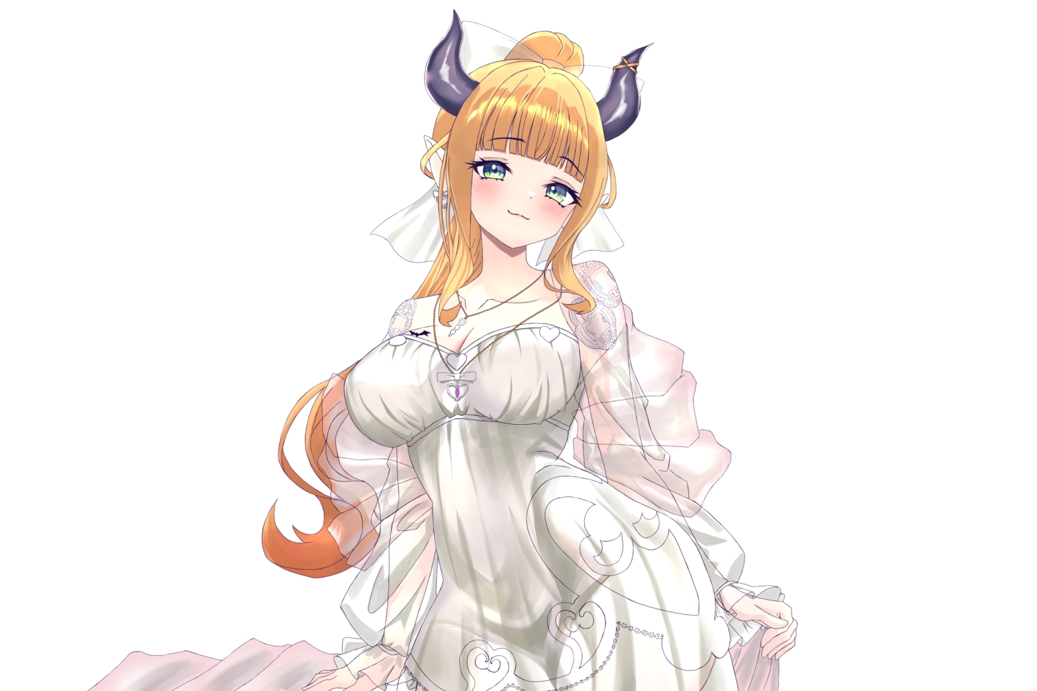 666girimekara, blonde_hair, blush, bow, breasts, demon, dress, green_eyes, hololive, horns, long_hair, necklace, pointed_ears, see_through, white, yuzuki_choco