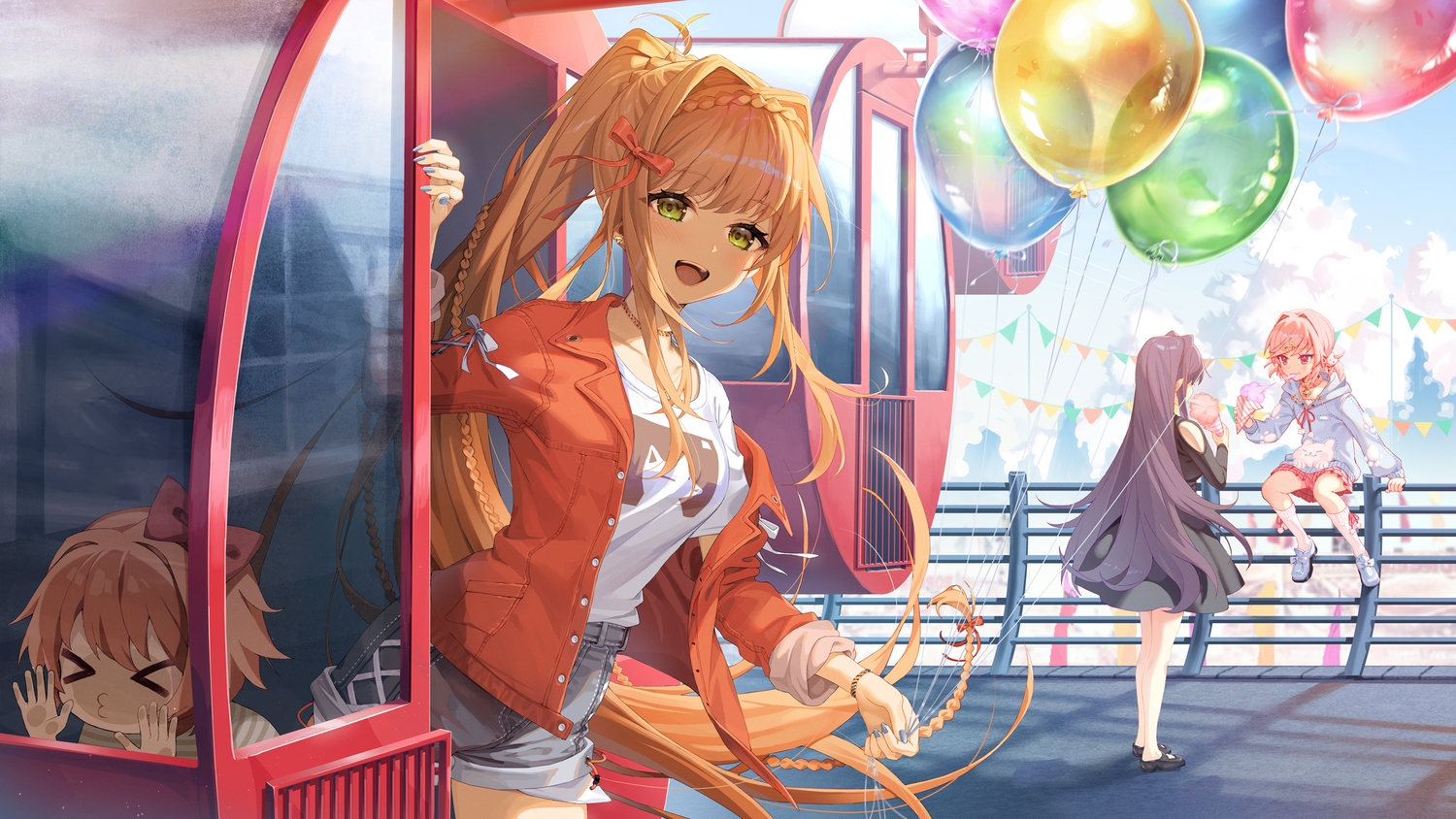 bell, blush, bow, braids, brown_hair, candy, chibi, clouds